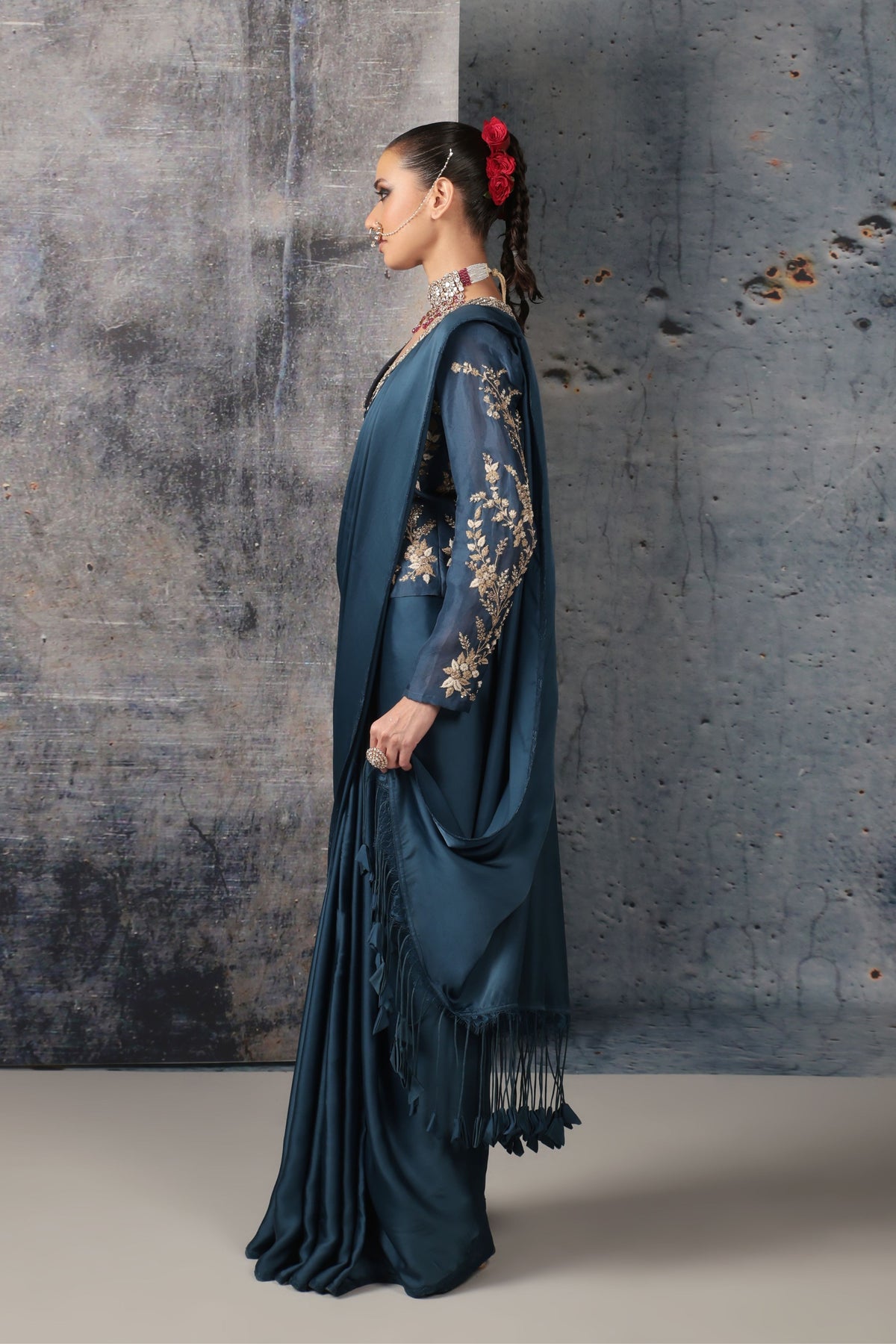 Blue Jacket Saree Set