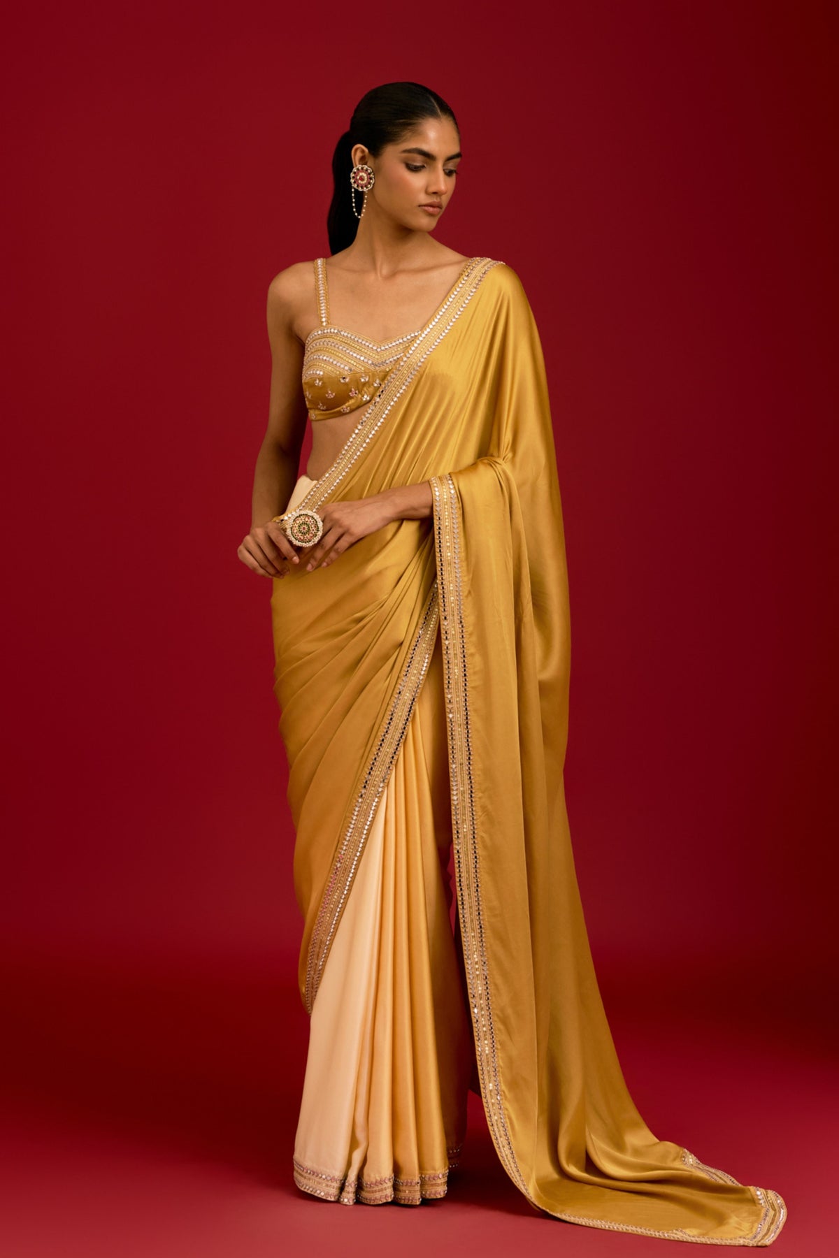 Mustard Embroidered Saree Set