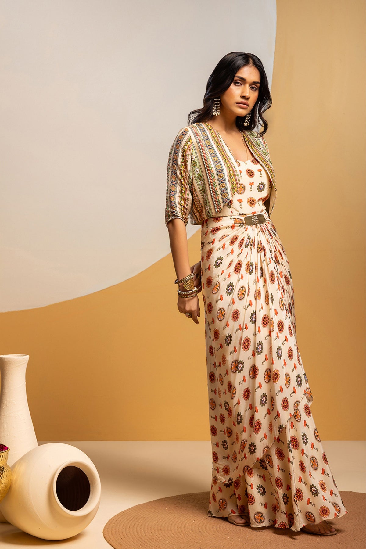 Off White Embellished Drape Dress Set