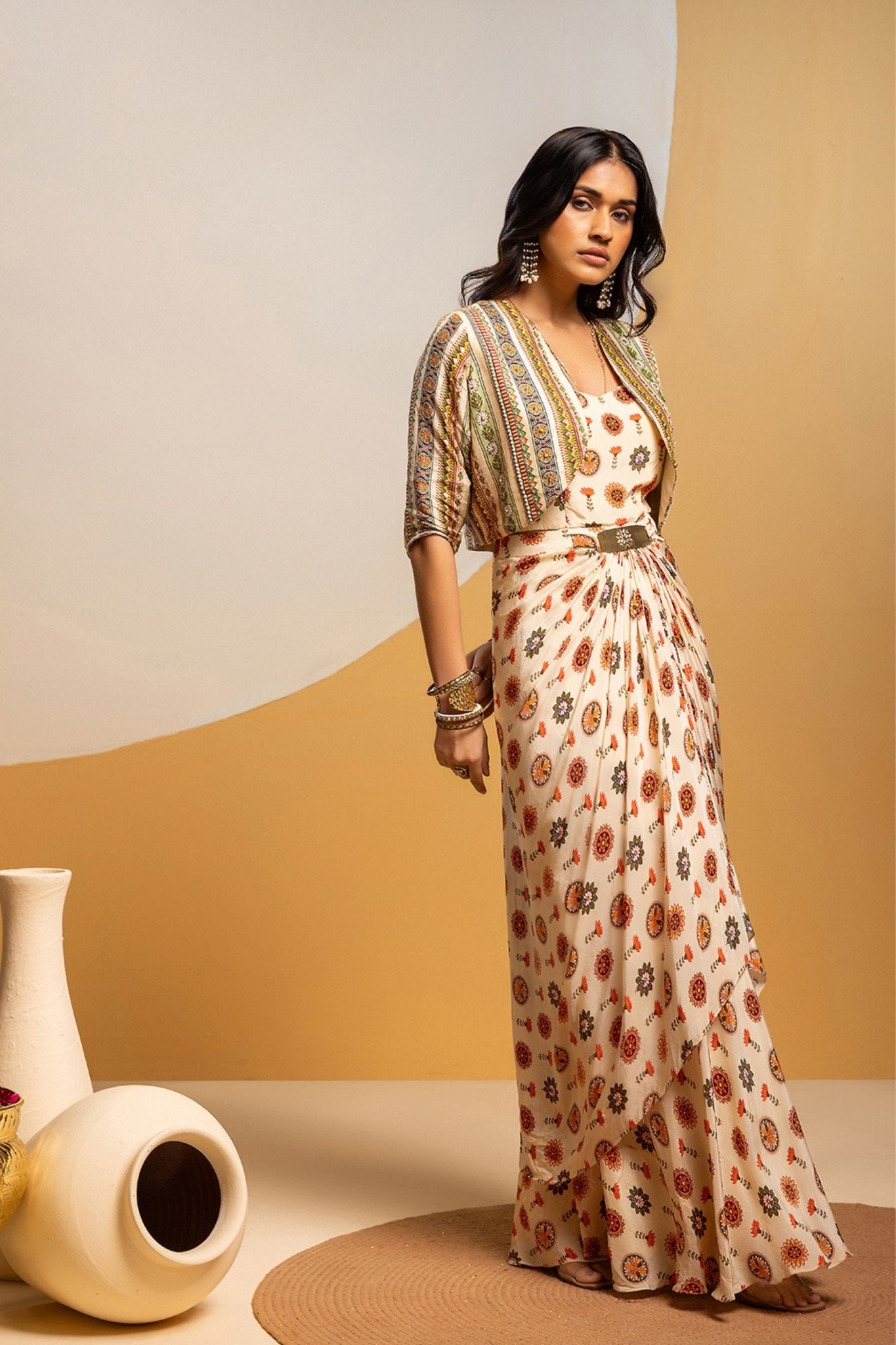 Off White Embellished Drape Dress Set - Sougat Paul - Elahe