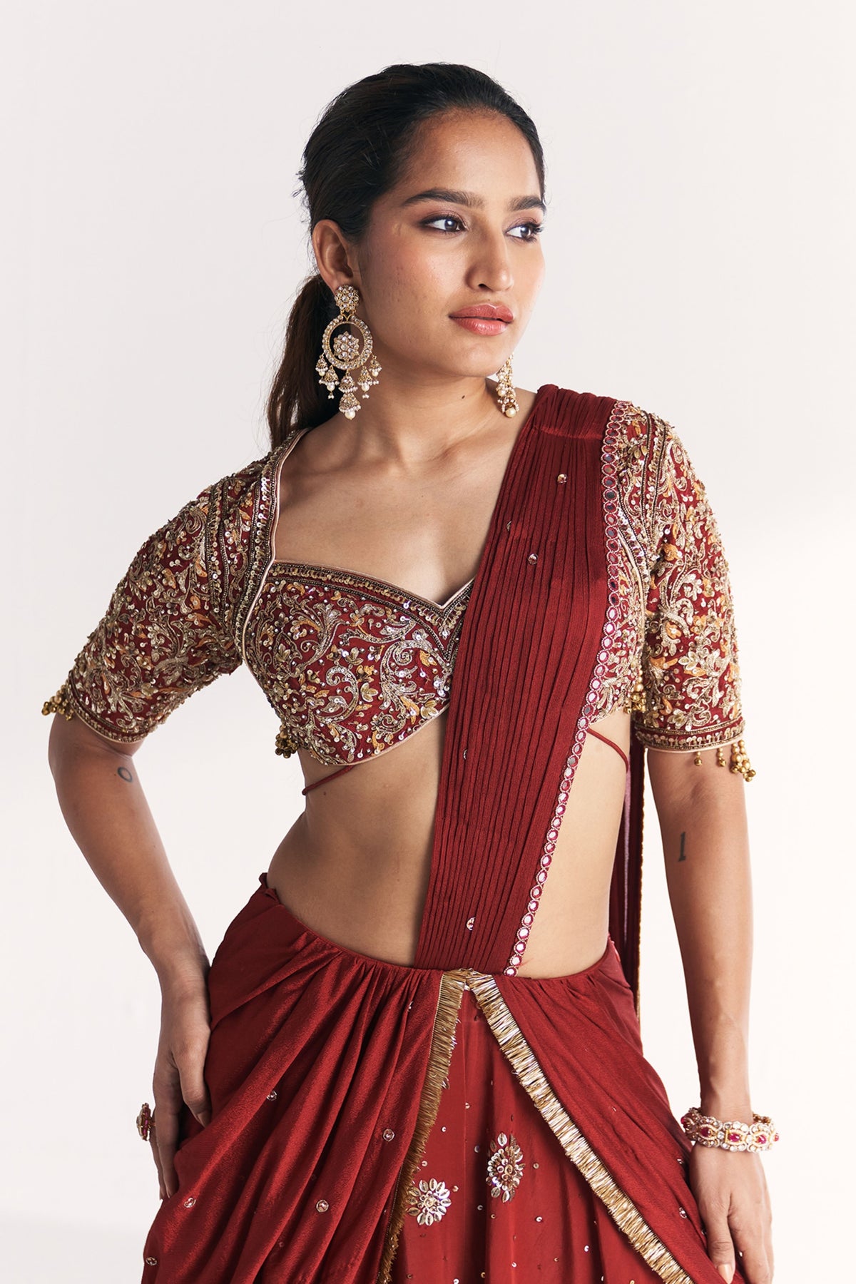 Naveli Maroon Pre-stitched Saree