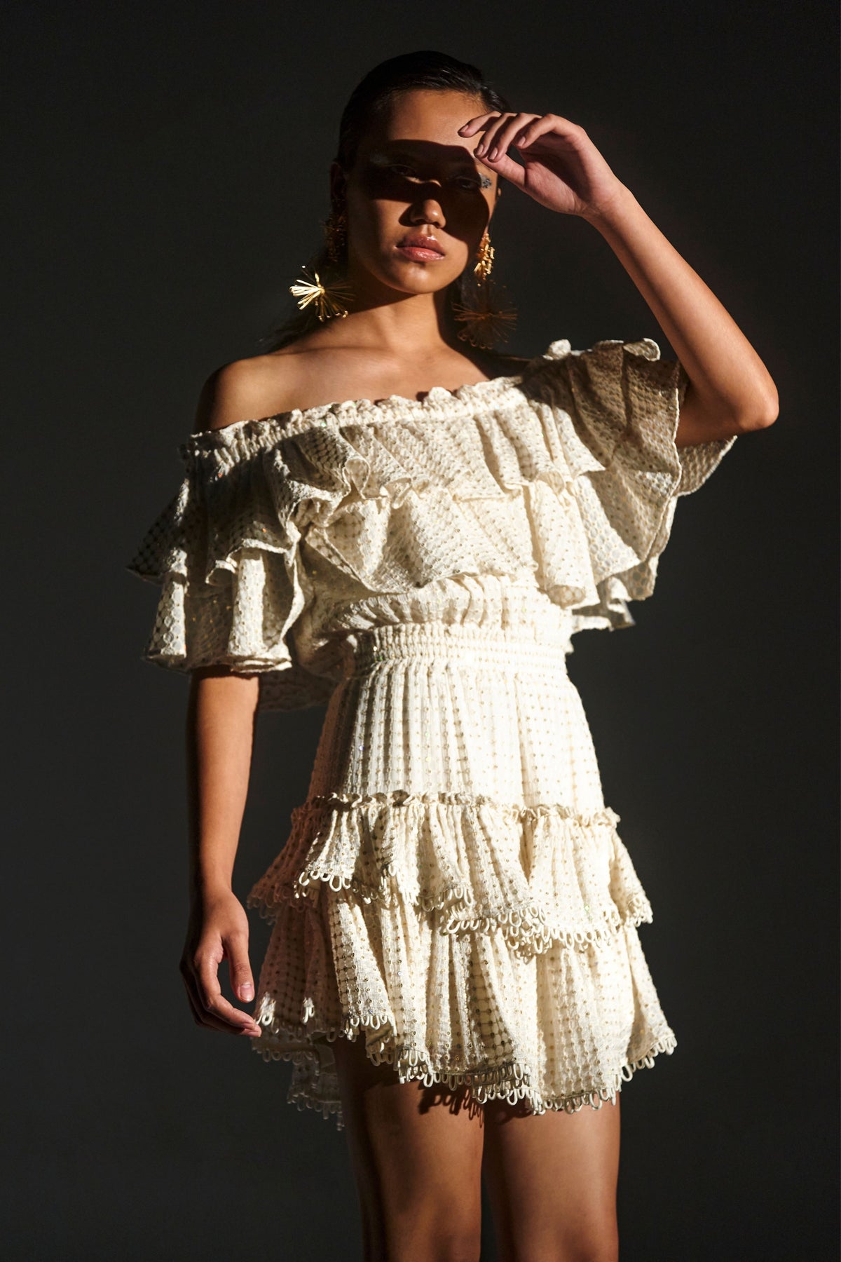 White Off-shoulder Sequin Ruffle Dress