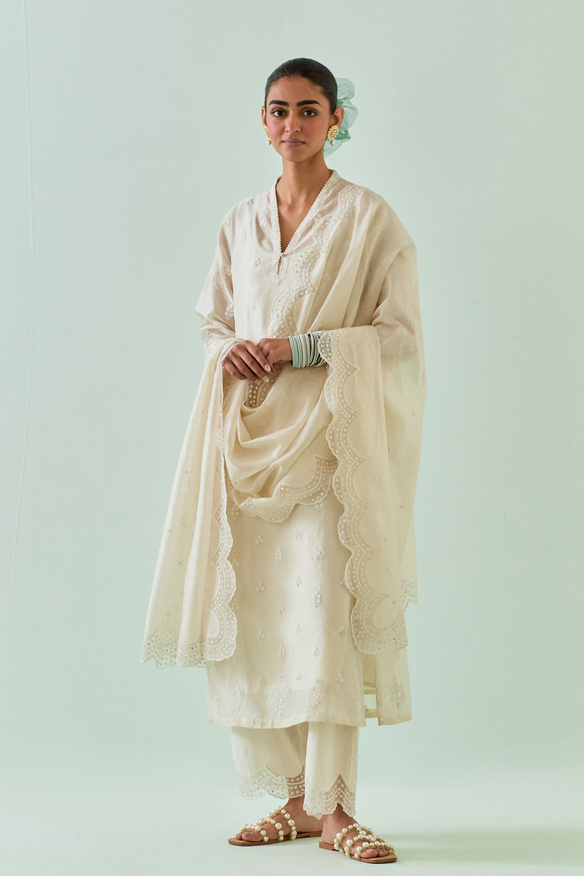 Off White Embroidered Straight Kurta Set