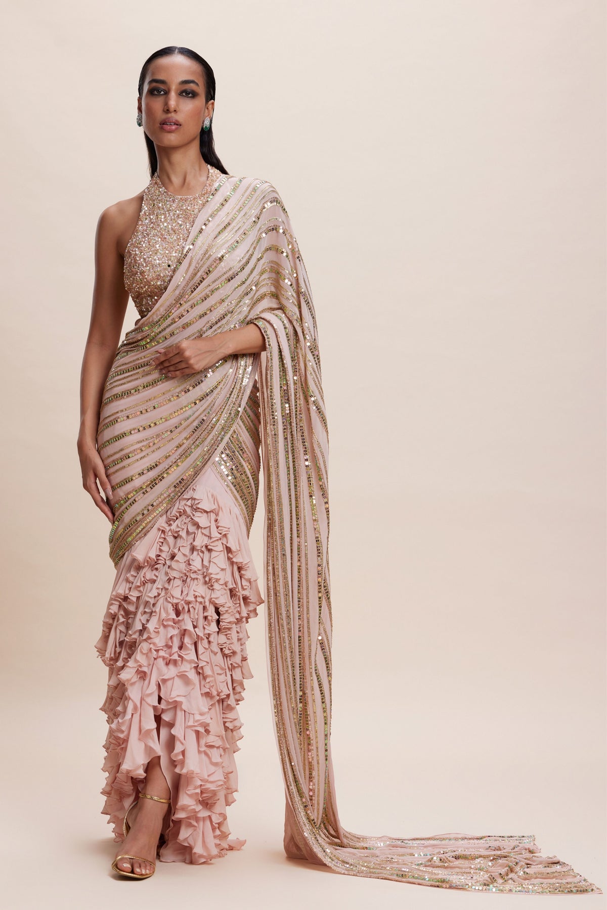 Pink Ruffle Draped Saree Set