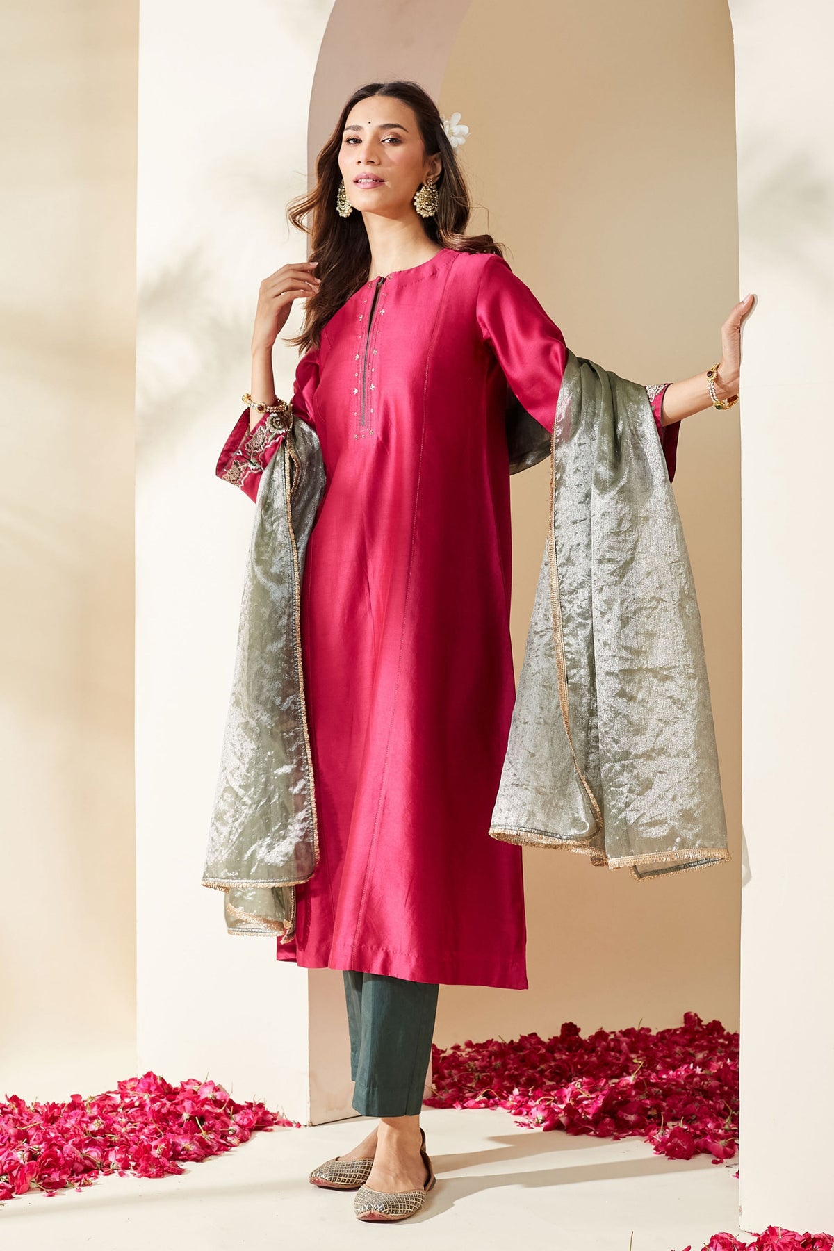 Magenta Floral Chanderi Kurta Set