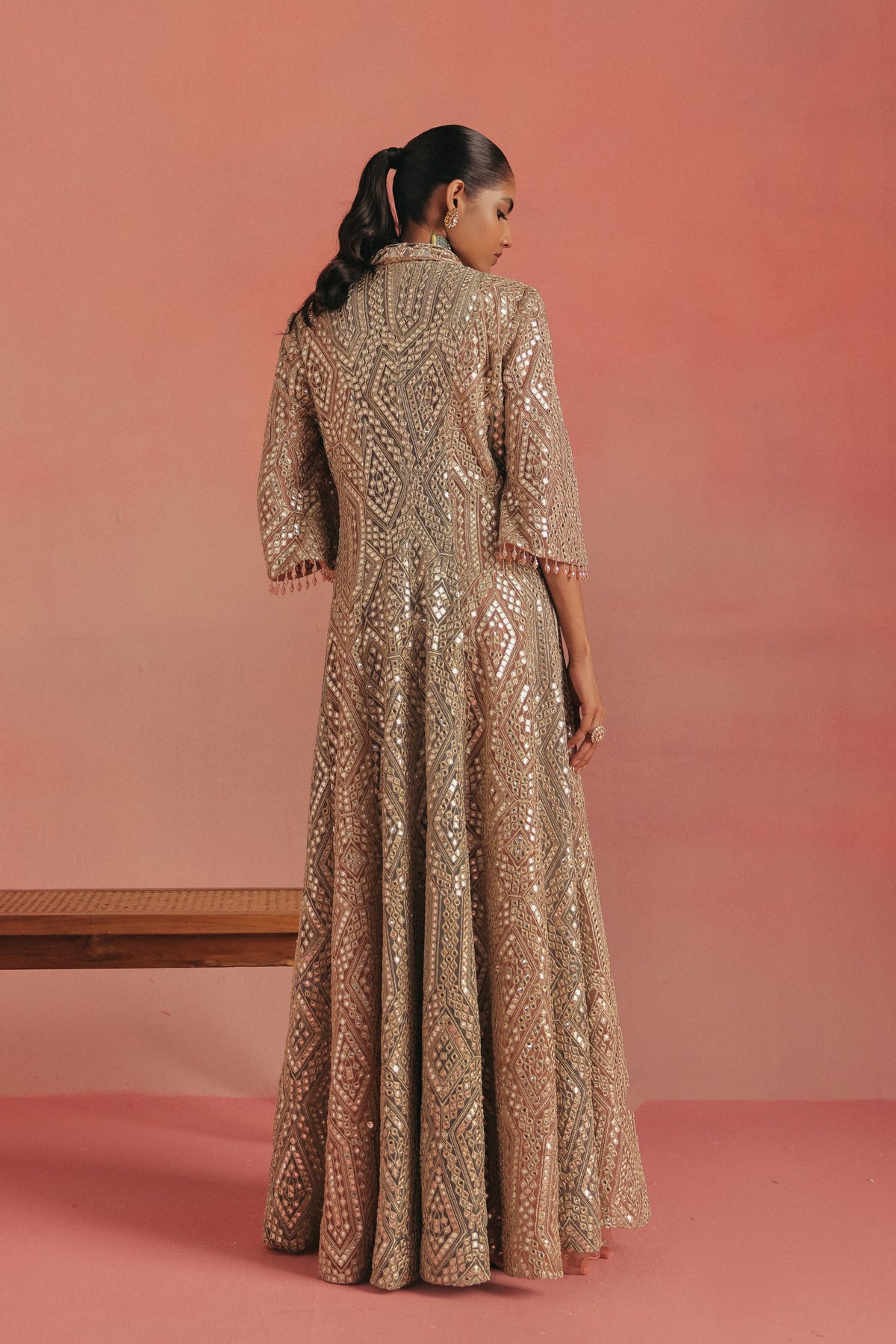 Mirror Work Wing Collar Long Anarkali Jacket Set
