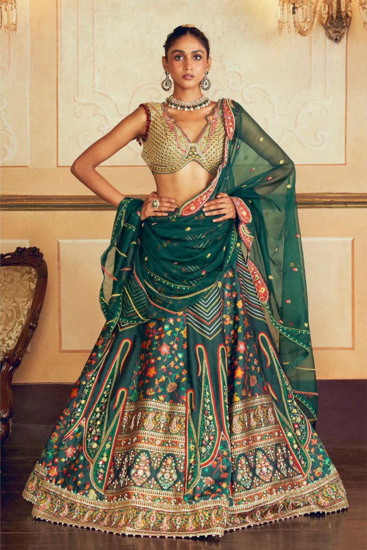Dark Green Embroidery Lehenga Set