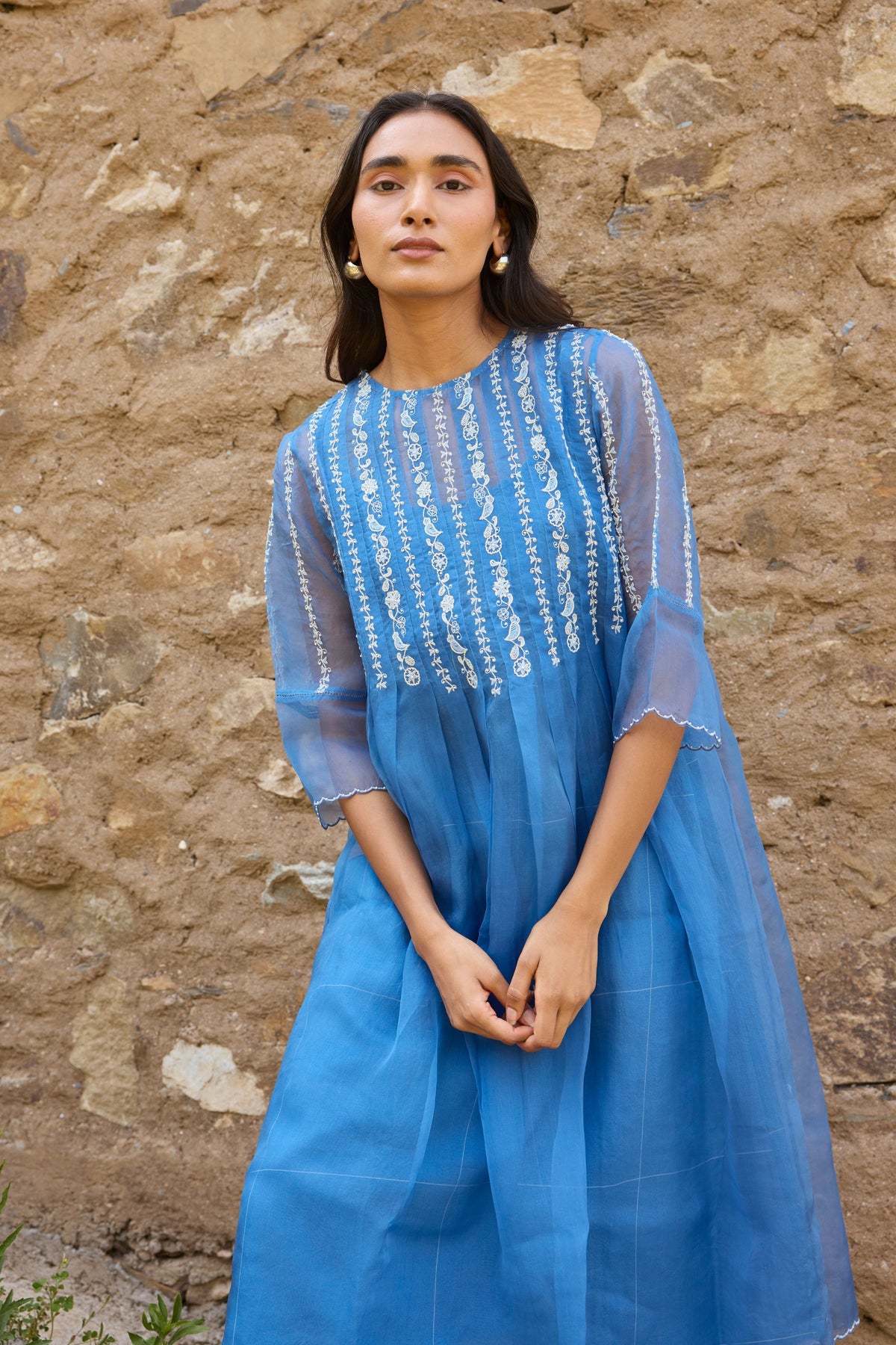 Embroidered Floral Pleated Dress