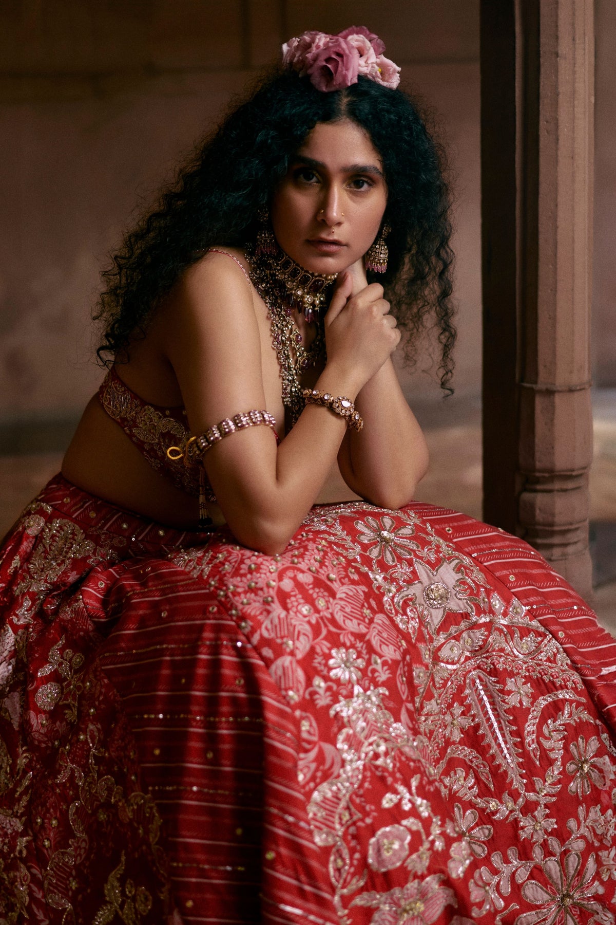 Red Multi-tone Lehenga Set