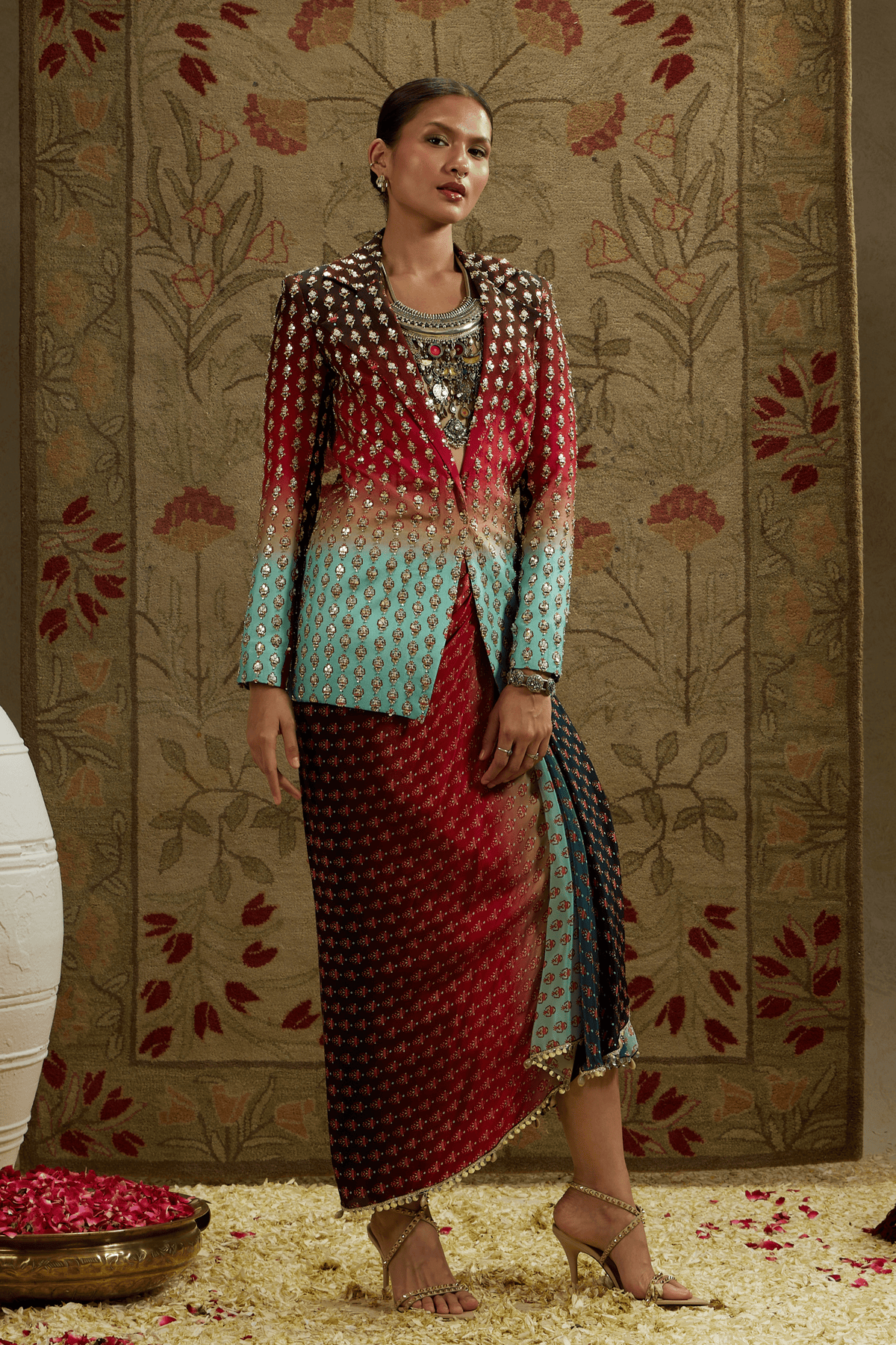 Embellished Blazer With Drape Skirt