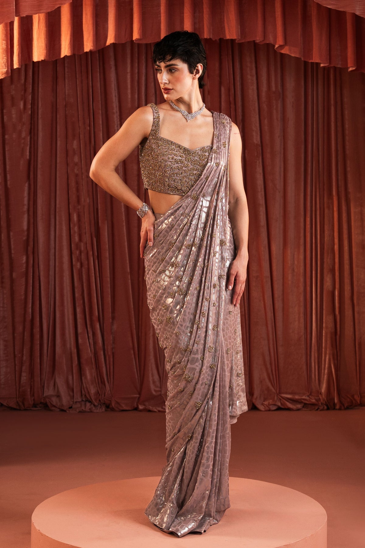 Pink Sequin Metallic Draped Saree Set