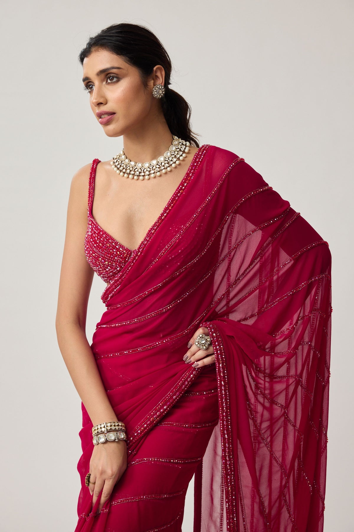 Ruby Red Crystal Saree Set