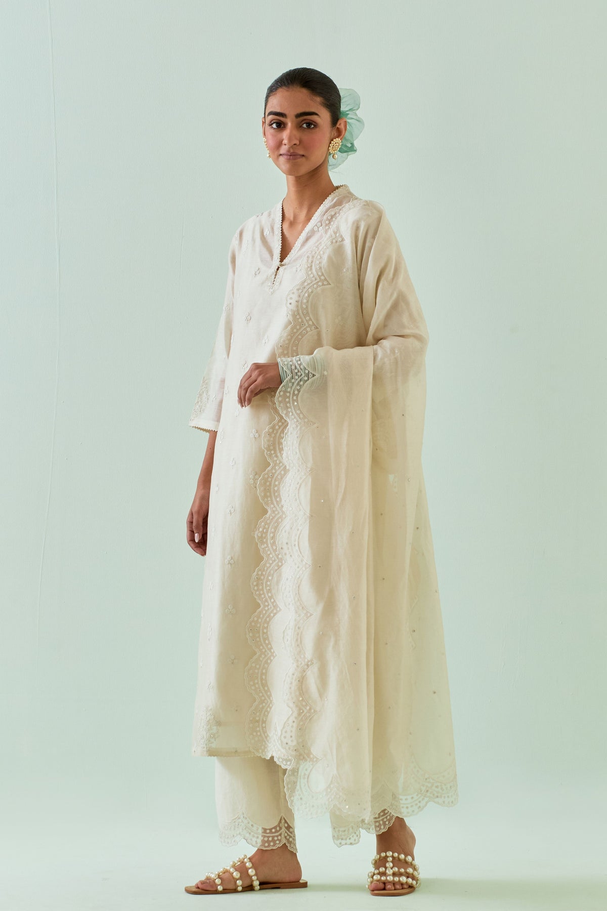 Off White Embroidered Straight Kurta Set