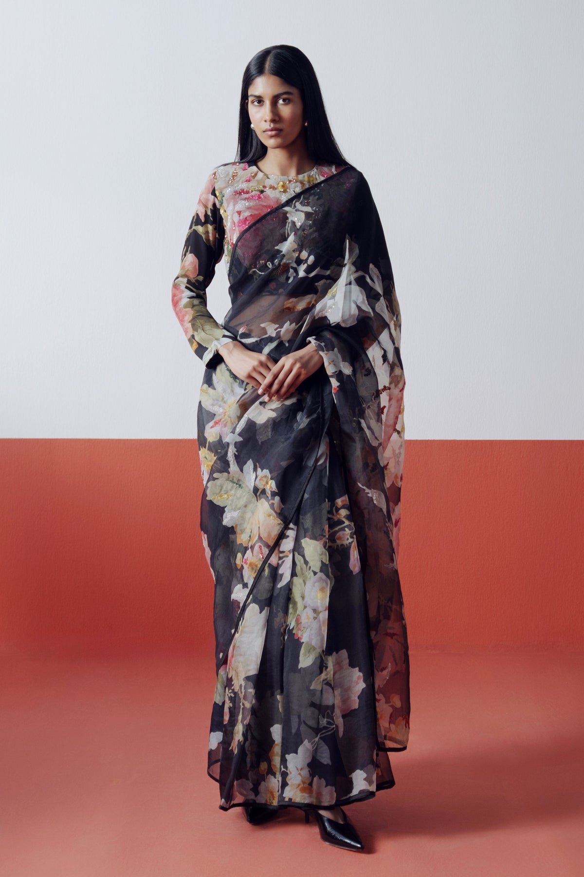 Carmine Embroidered Saree