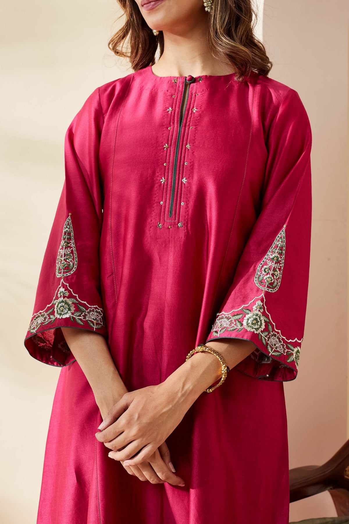 Magenta Floral Chanderi Kurta Set