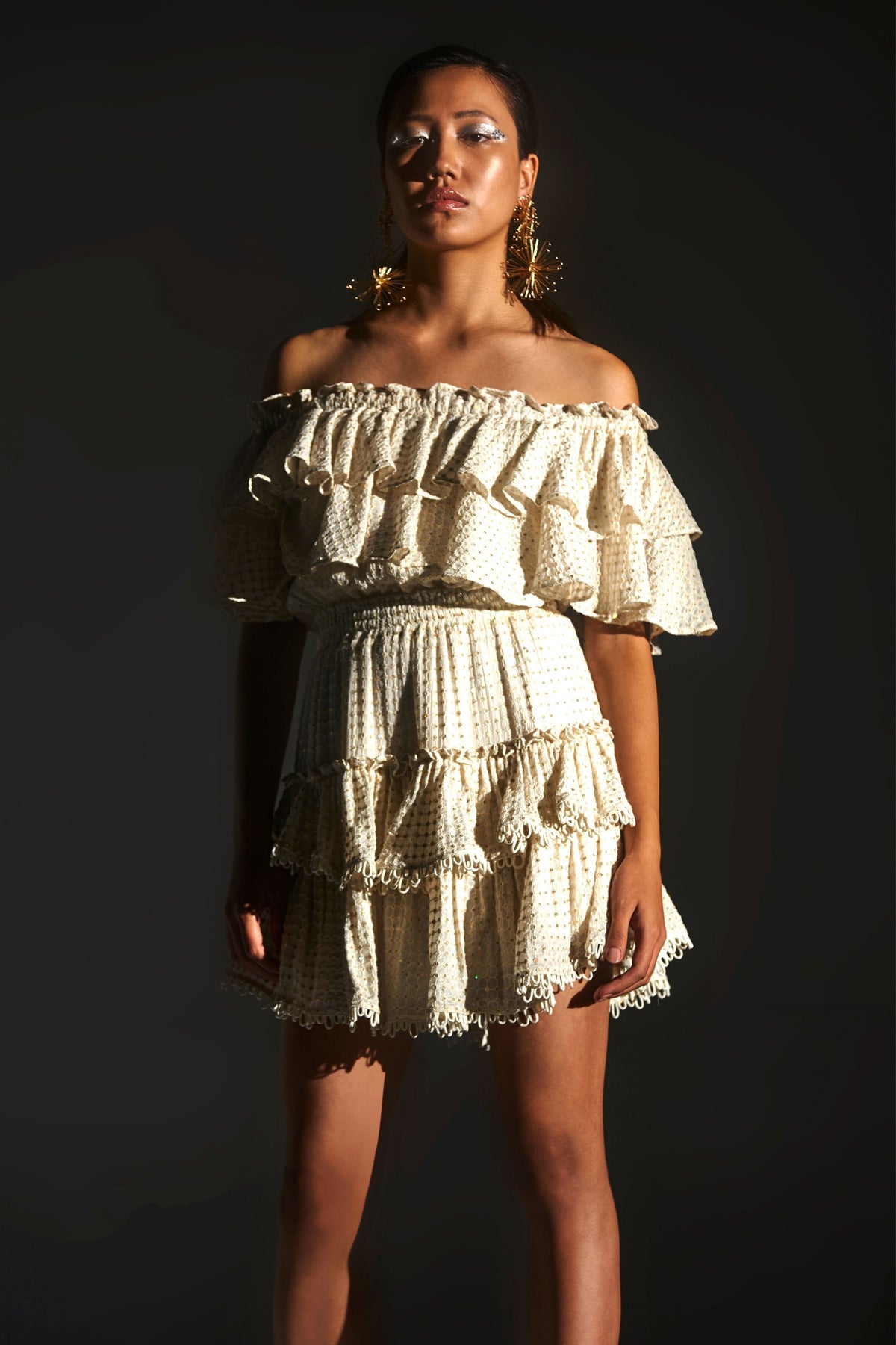 White Off-shoulder Sequin Ruffle Dress