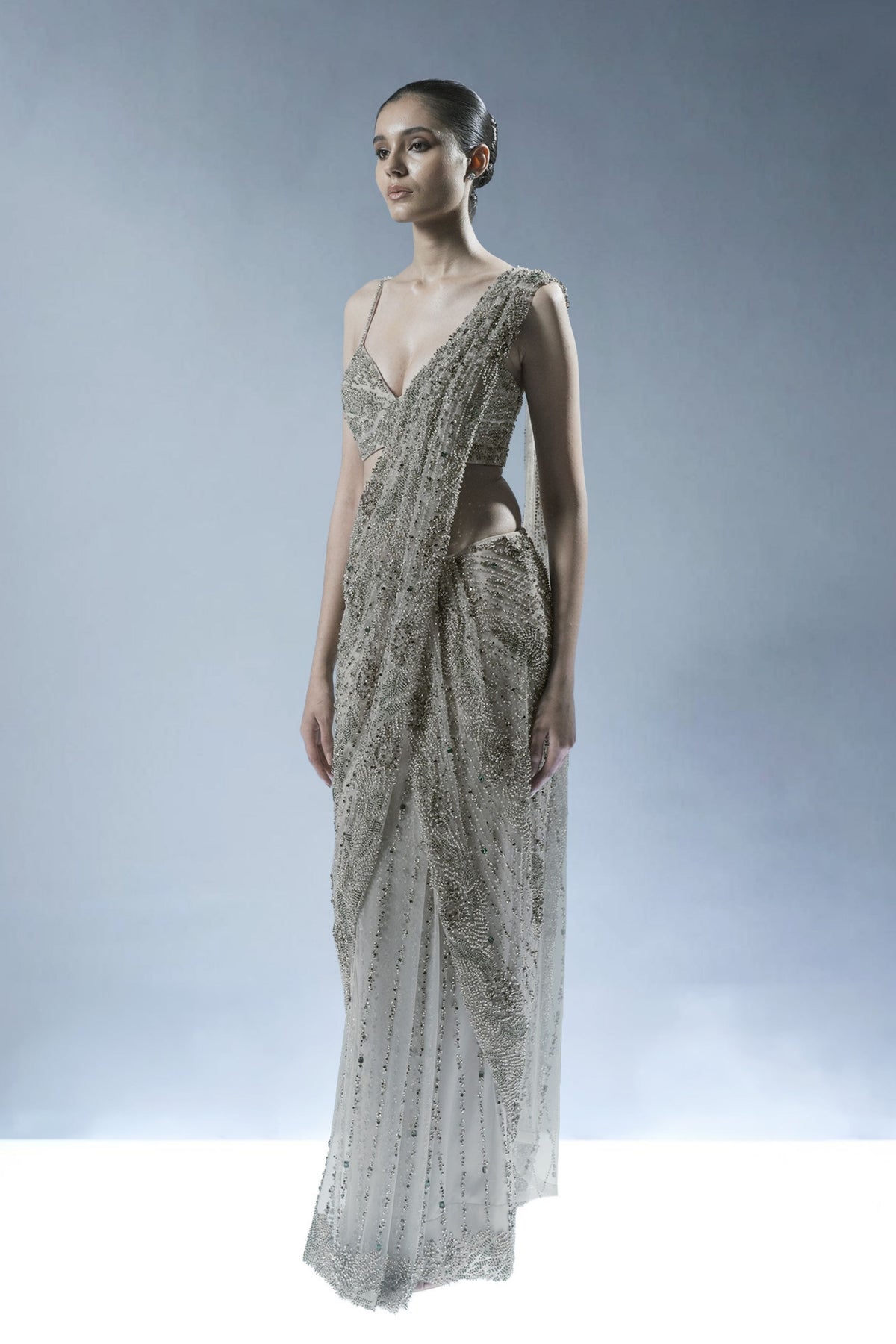 Ecru Crystal Embellished Pre-Draped Saree