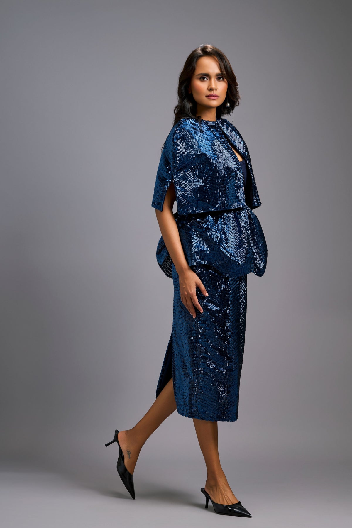 Shimmer Embroidered Navy Midi Skirt