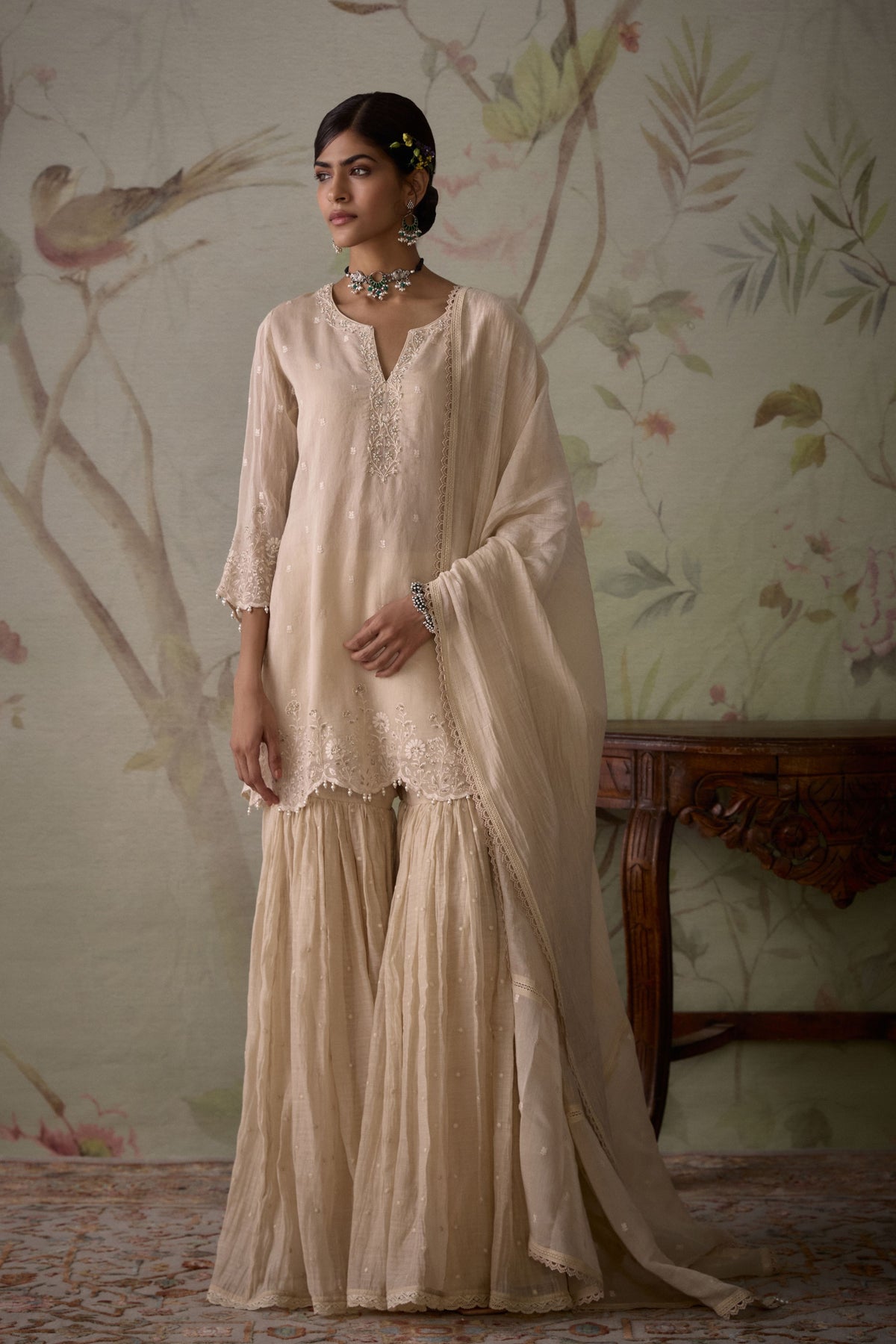 Ivory Scalloped Short Sharara Set