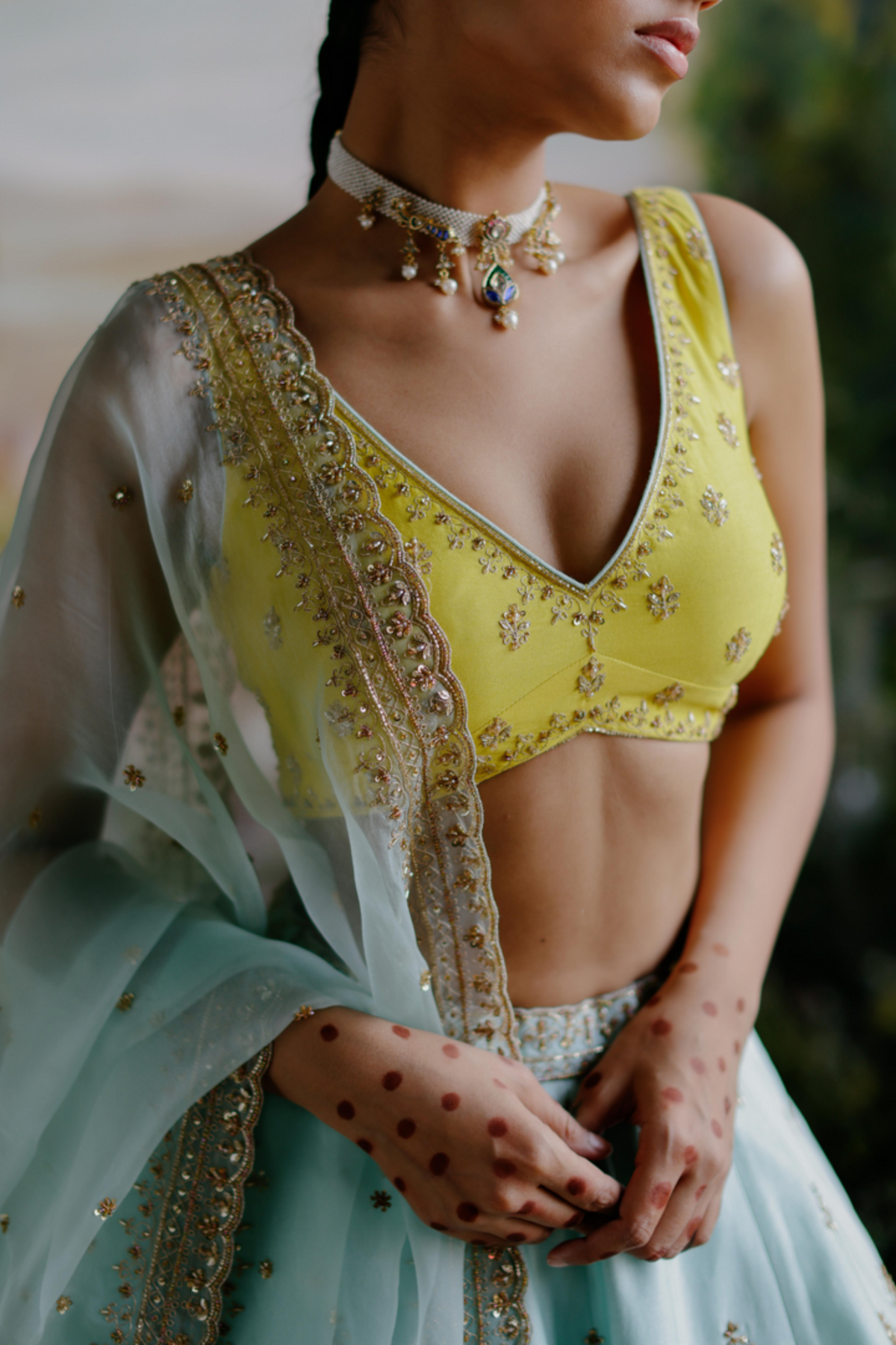 Aqua Yellow Lehenga Set