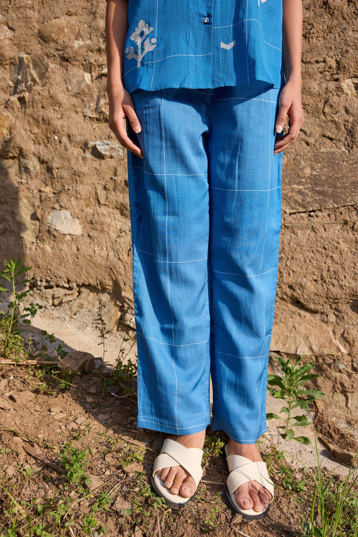 Blue Embroidered Drop Shoulder Shirt