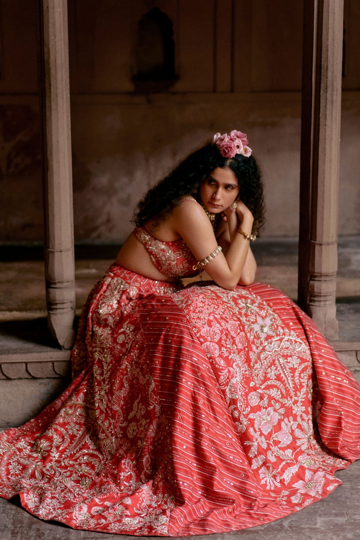 Red Multi-tone Lehenga Set