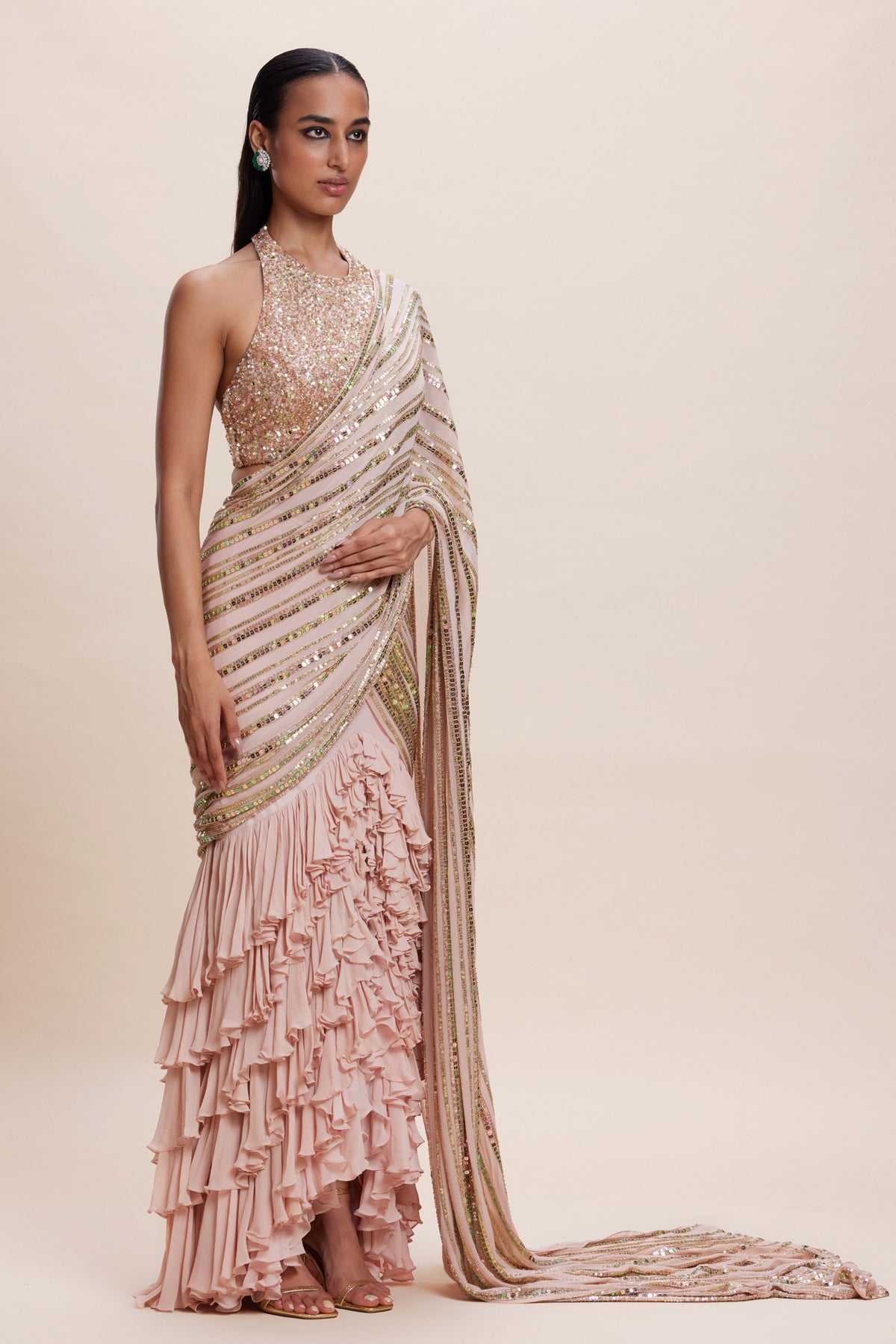 Pink Ruffle Draped Saree Set