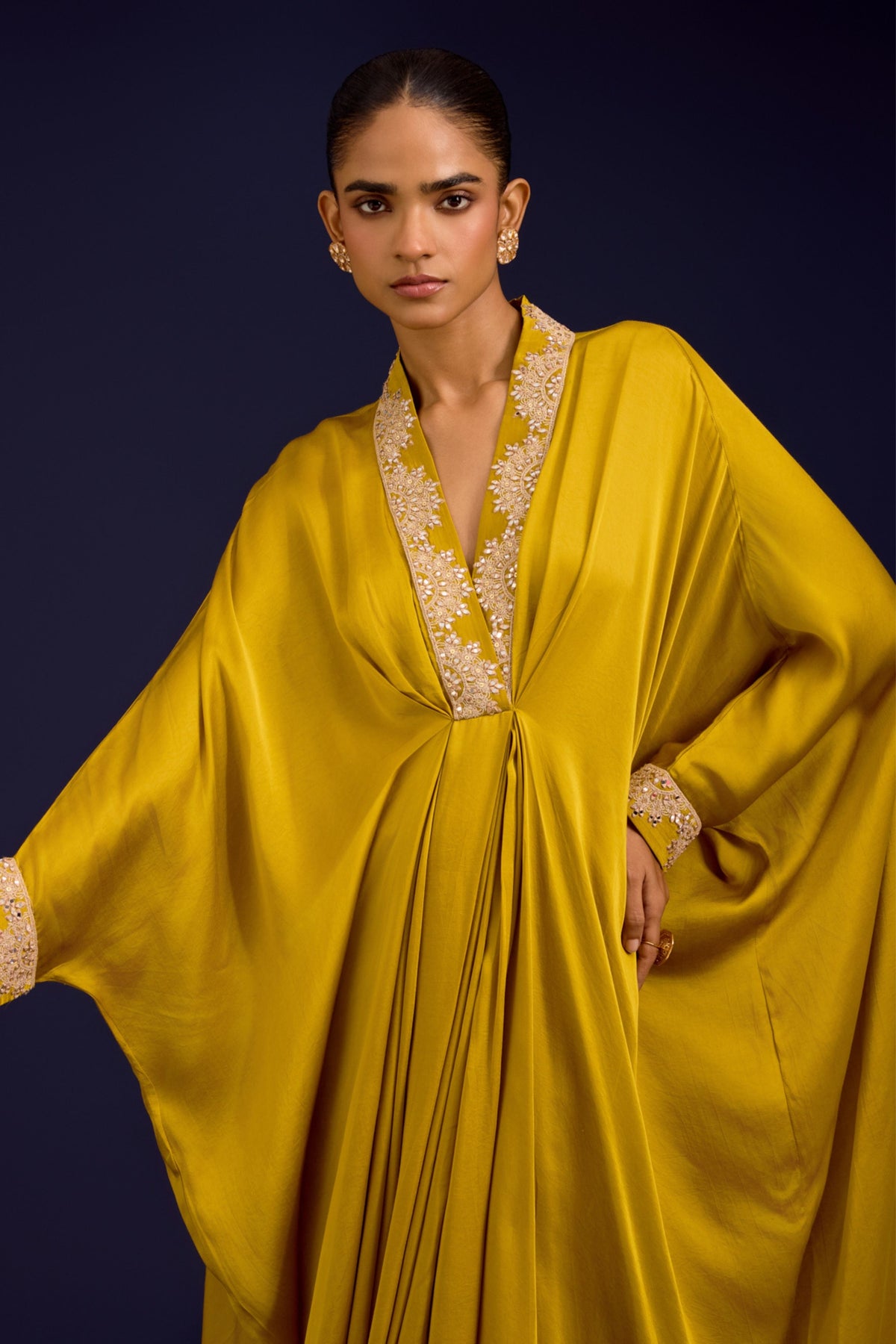 Mustard Embroidered Kaftan Set