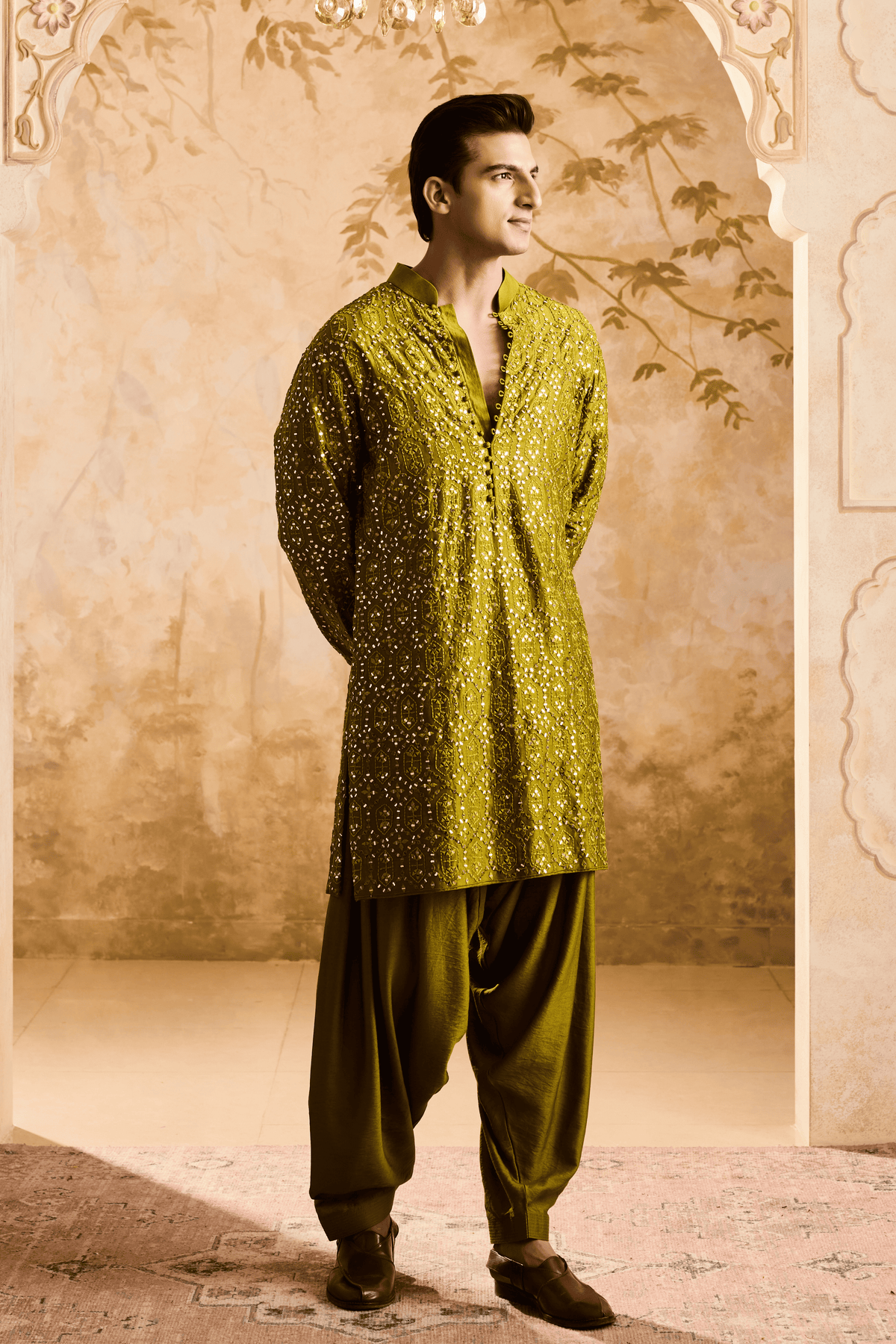 Embroidered Mehendi Green Kurta Set