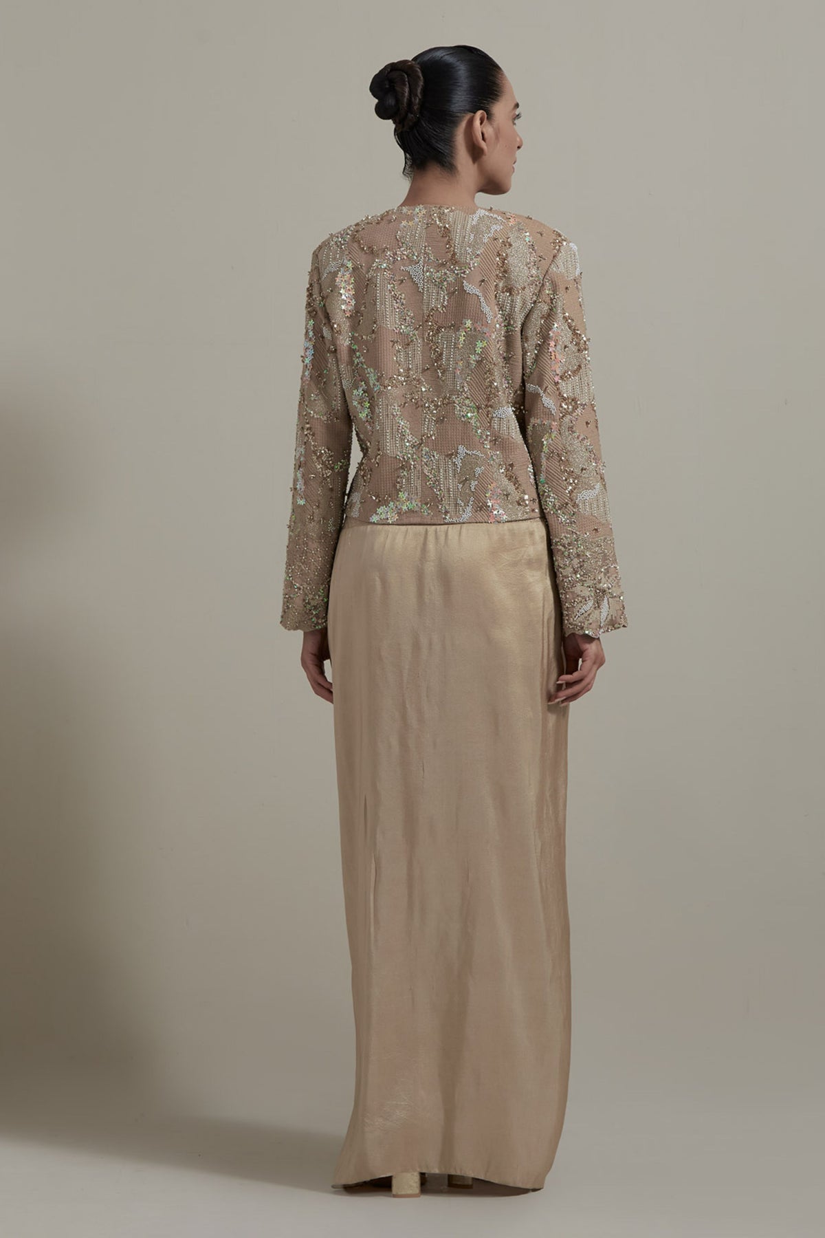 Beige Embellished Drape Skirt Set
