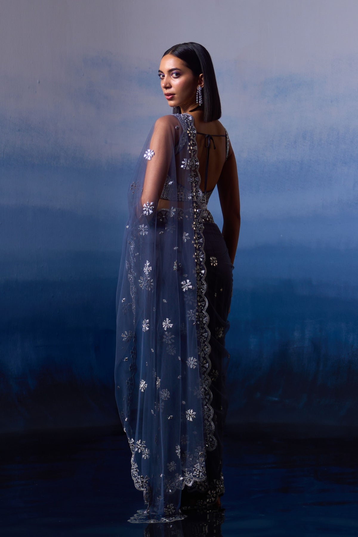 Grey Embroidered Saree Set