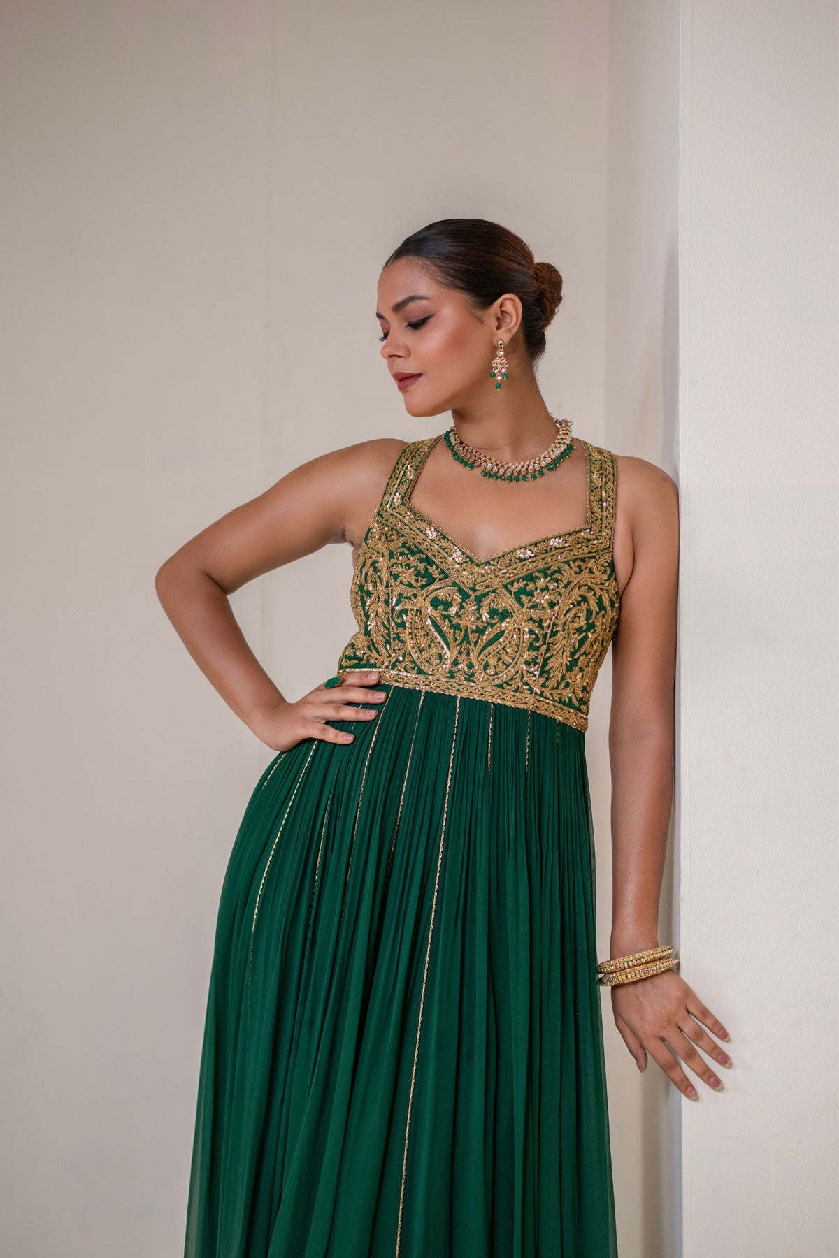 Emerald Green Sleeveless Embellished  Anarkali