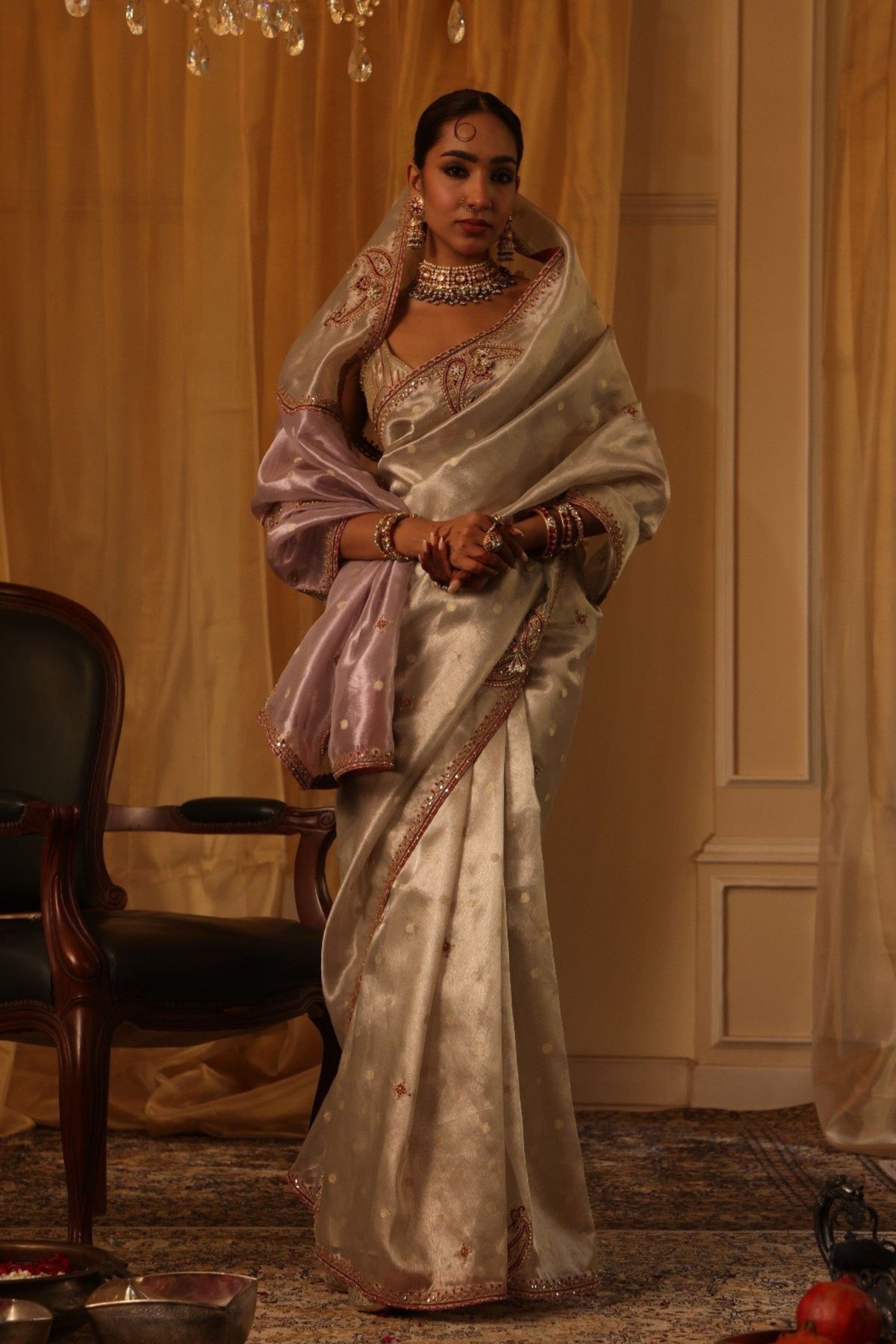 Ivory Zari Tissue Saree Set