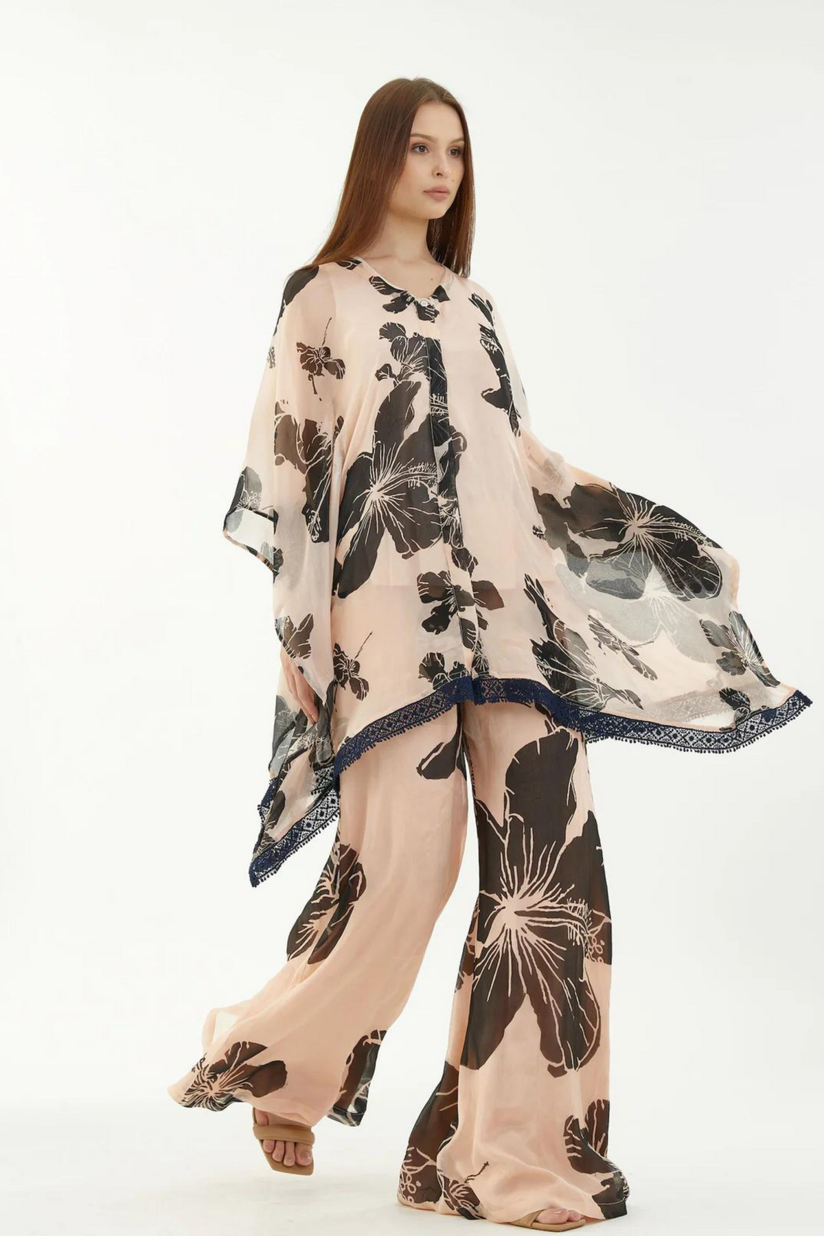 Pink And Black Floral Kaftan Top