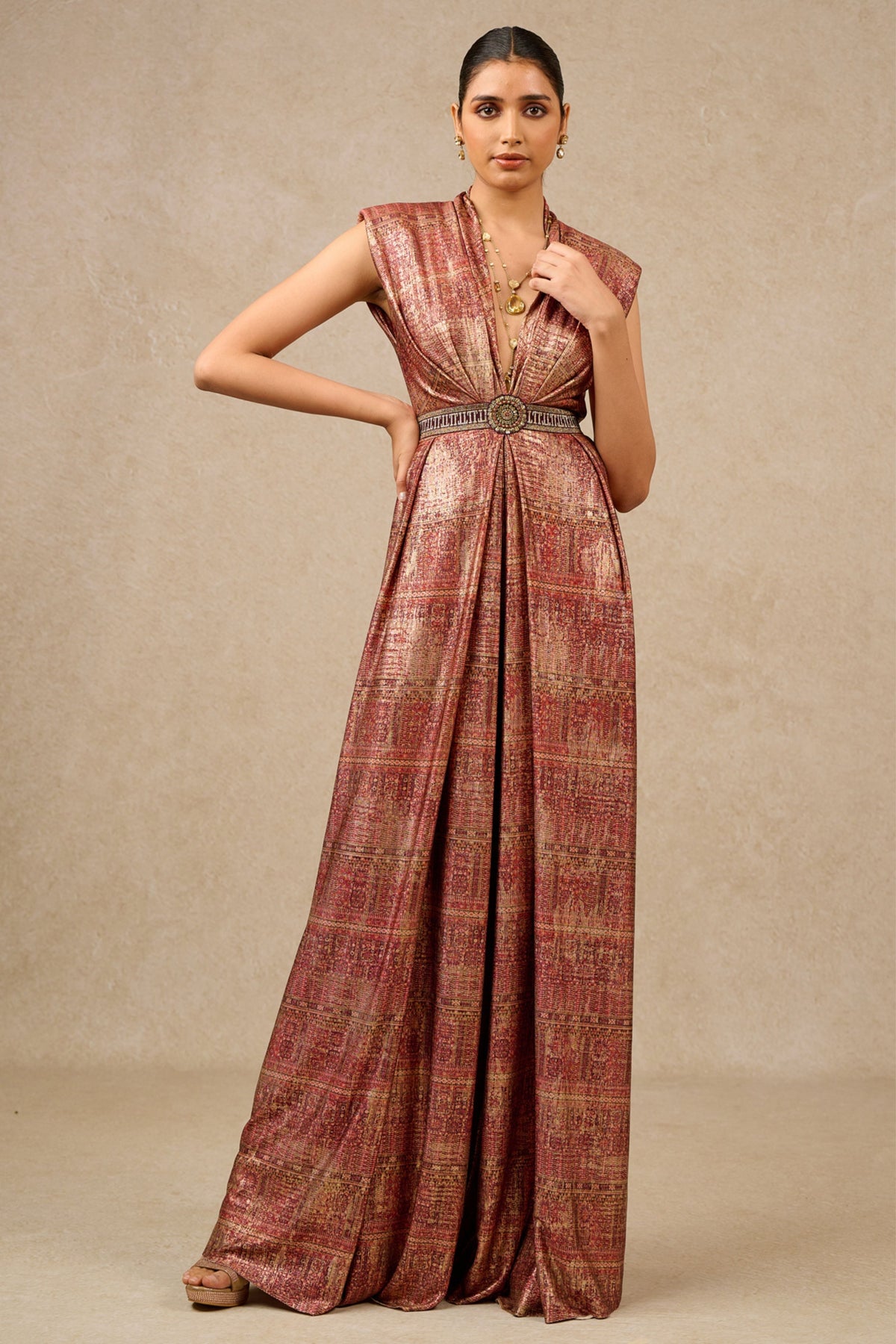 Wine Printed and Panelled Jumpsuit