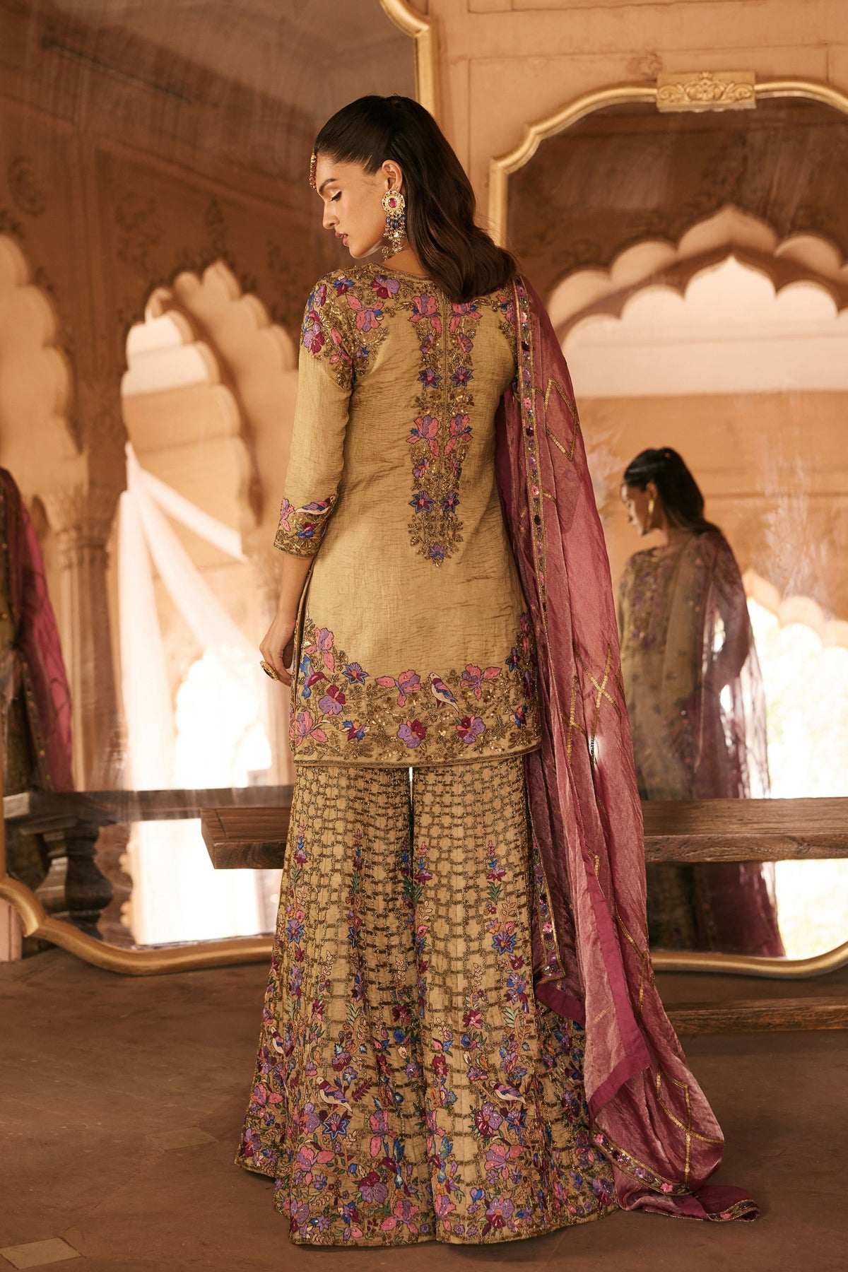 Resham Embroidery Gold Sharara Set