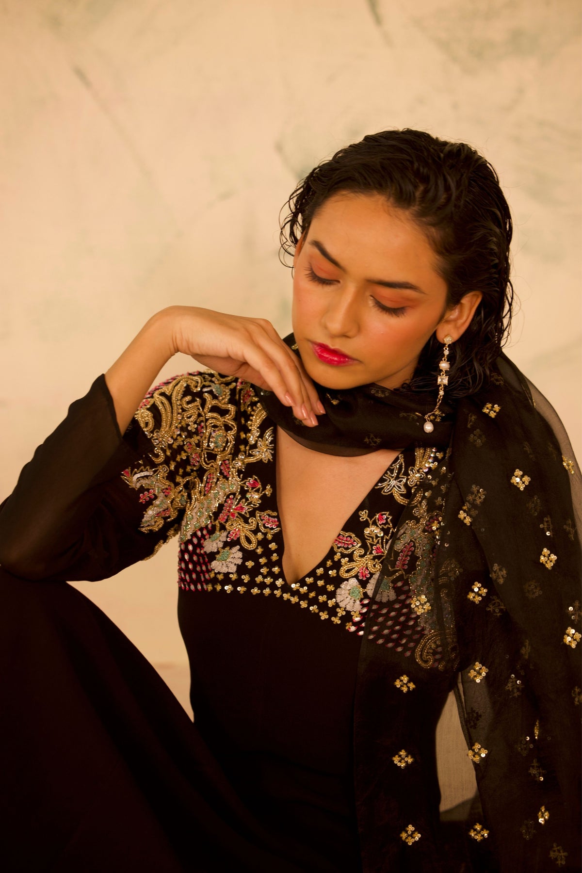 V Neck Black Organza Set