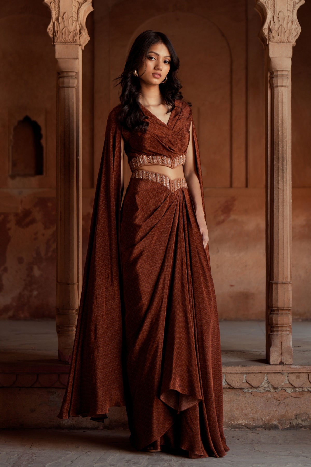 Brown Embroidered Drape Set