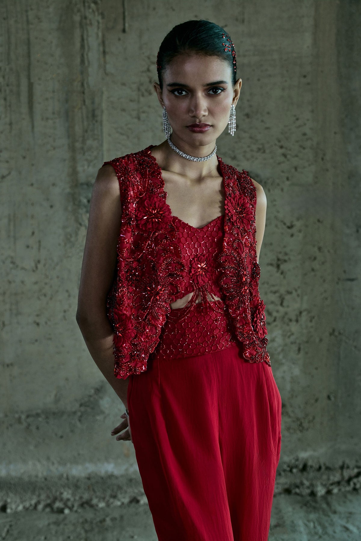 Red Embellished Jacket Set