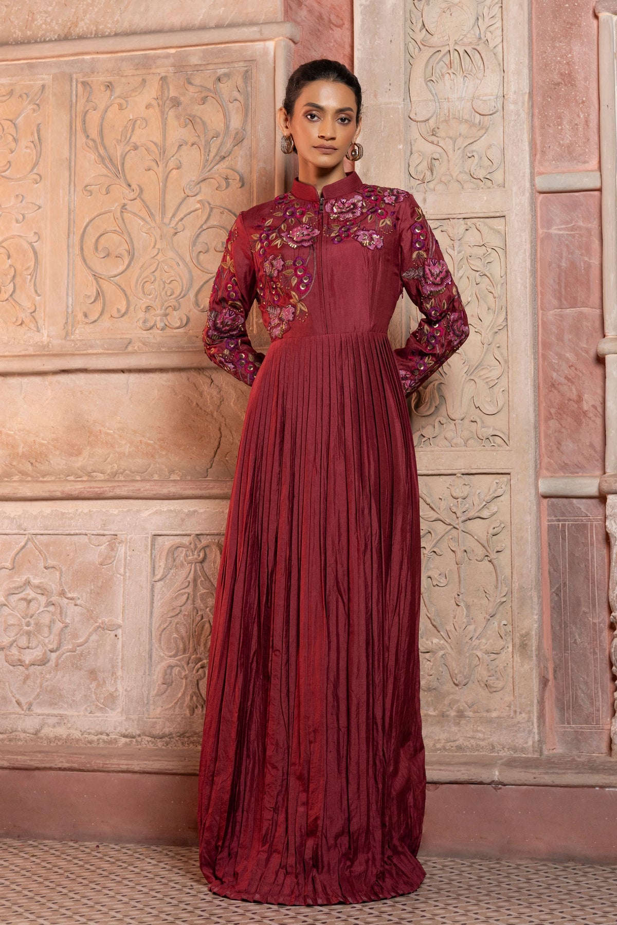 Maroon Pleated Maxi Dress