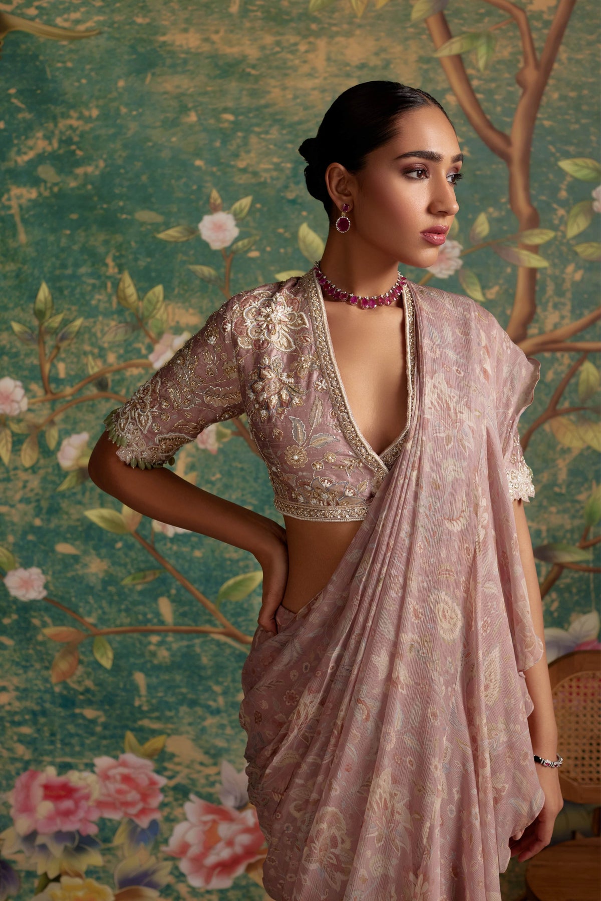 Flamboyance Dusky Pink Drape Saree Set
