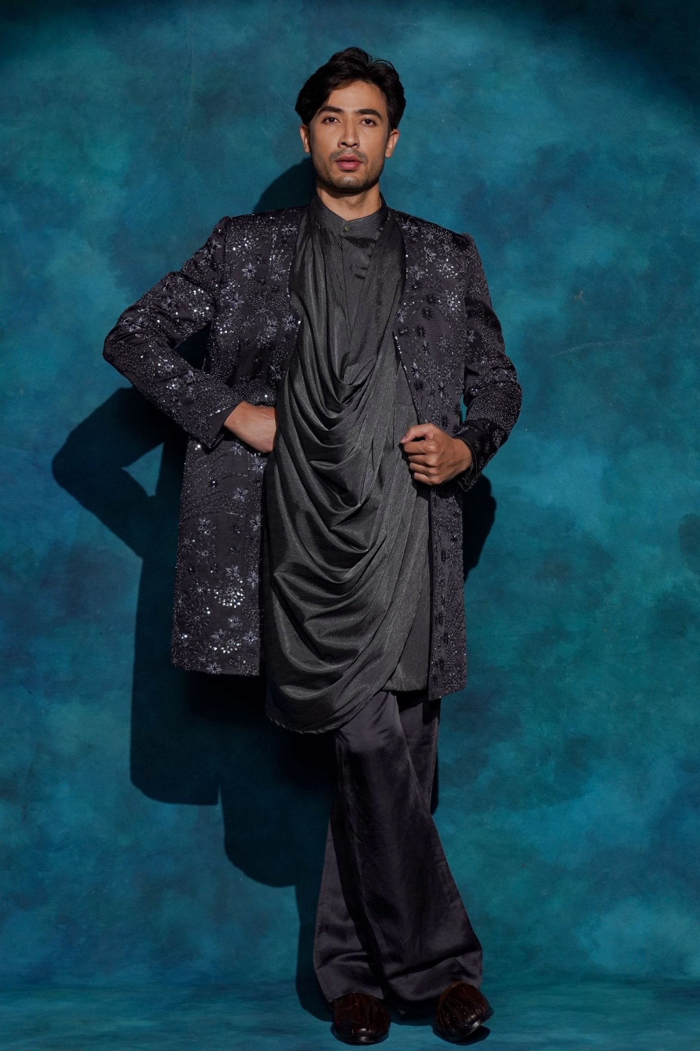 Charcoal Gray Jacket Set - Jatin Malik - Elahe