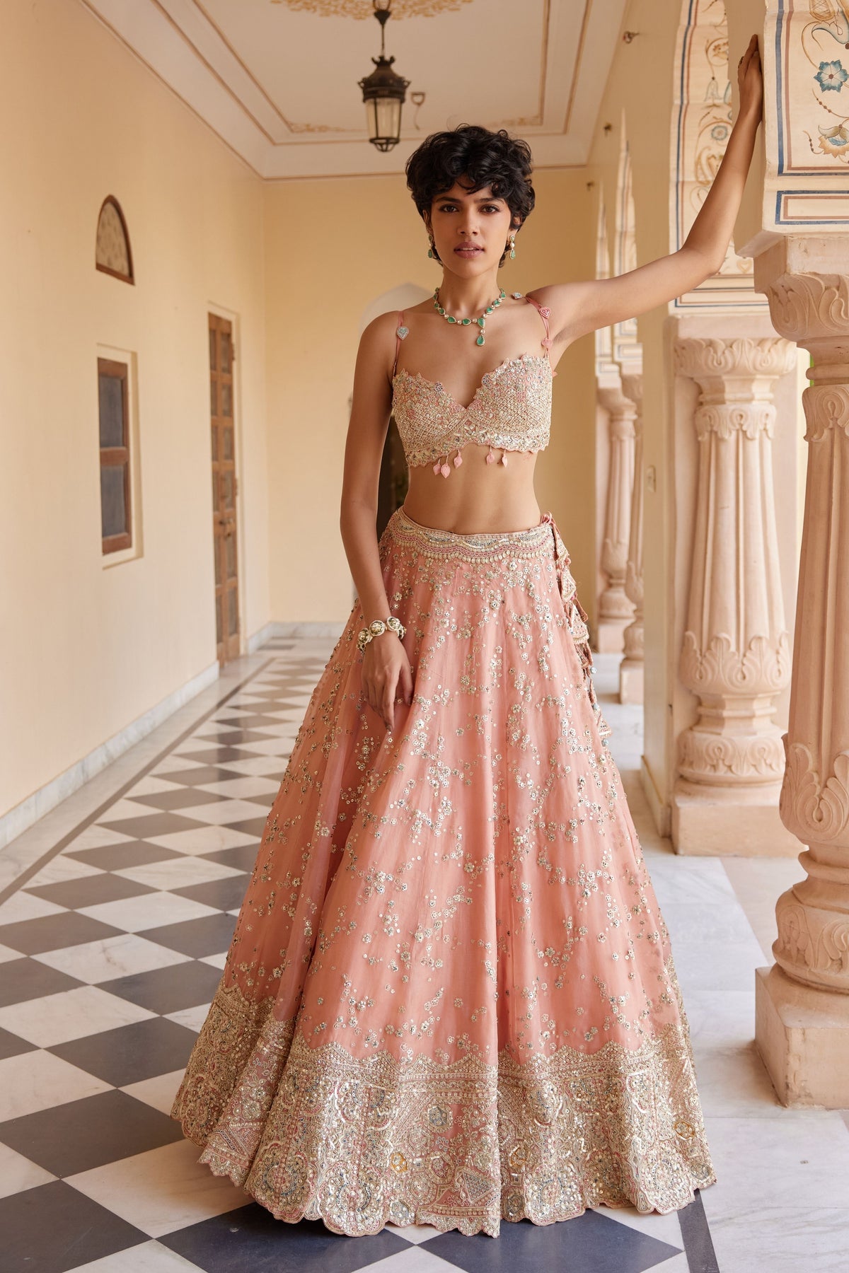 Salmon Embroidered Lehenga Set