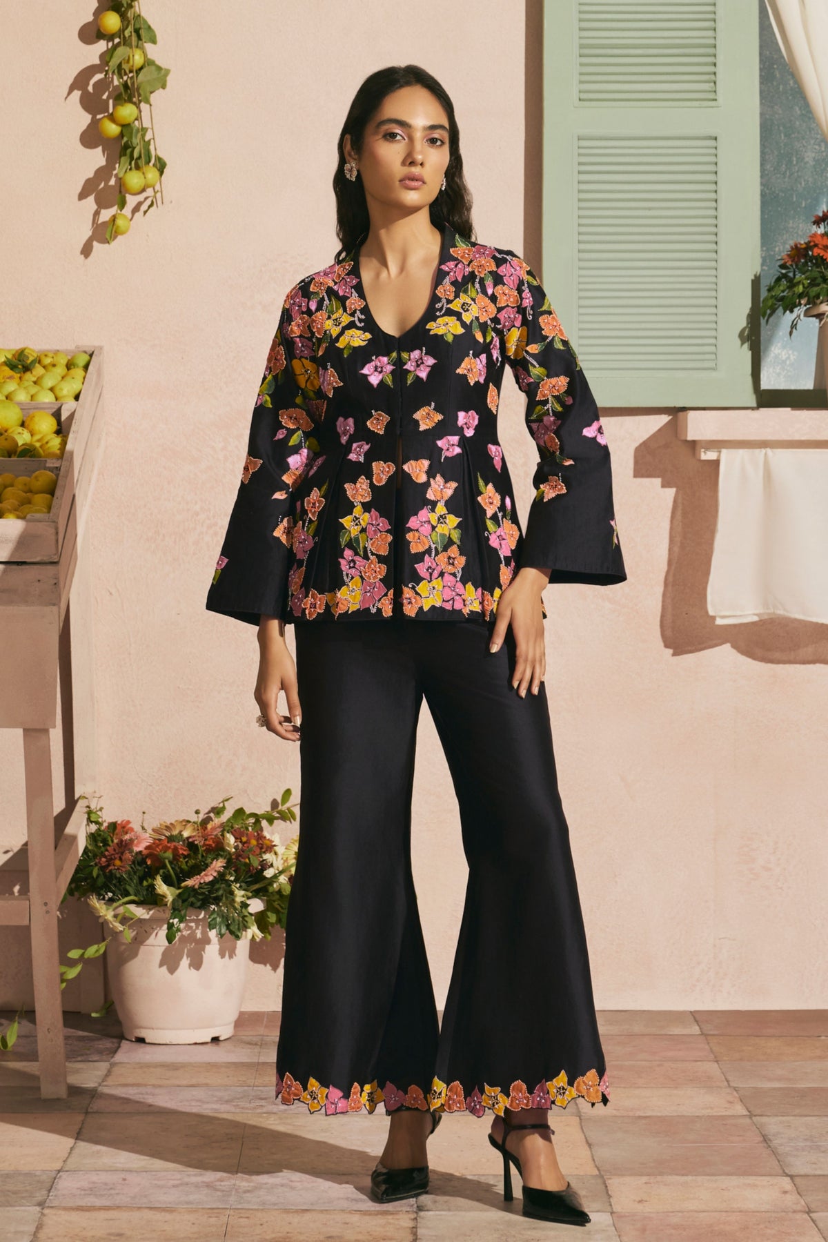 Black Bougainvillea Pleated Top