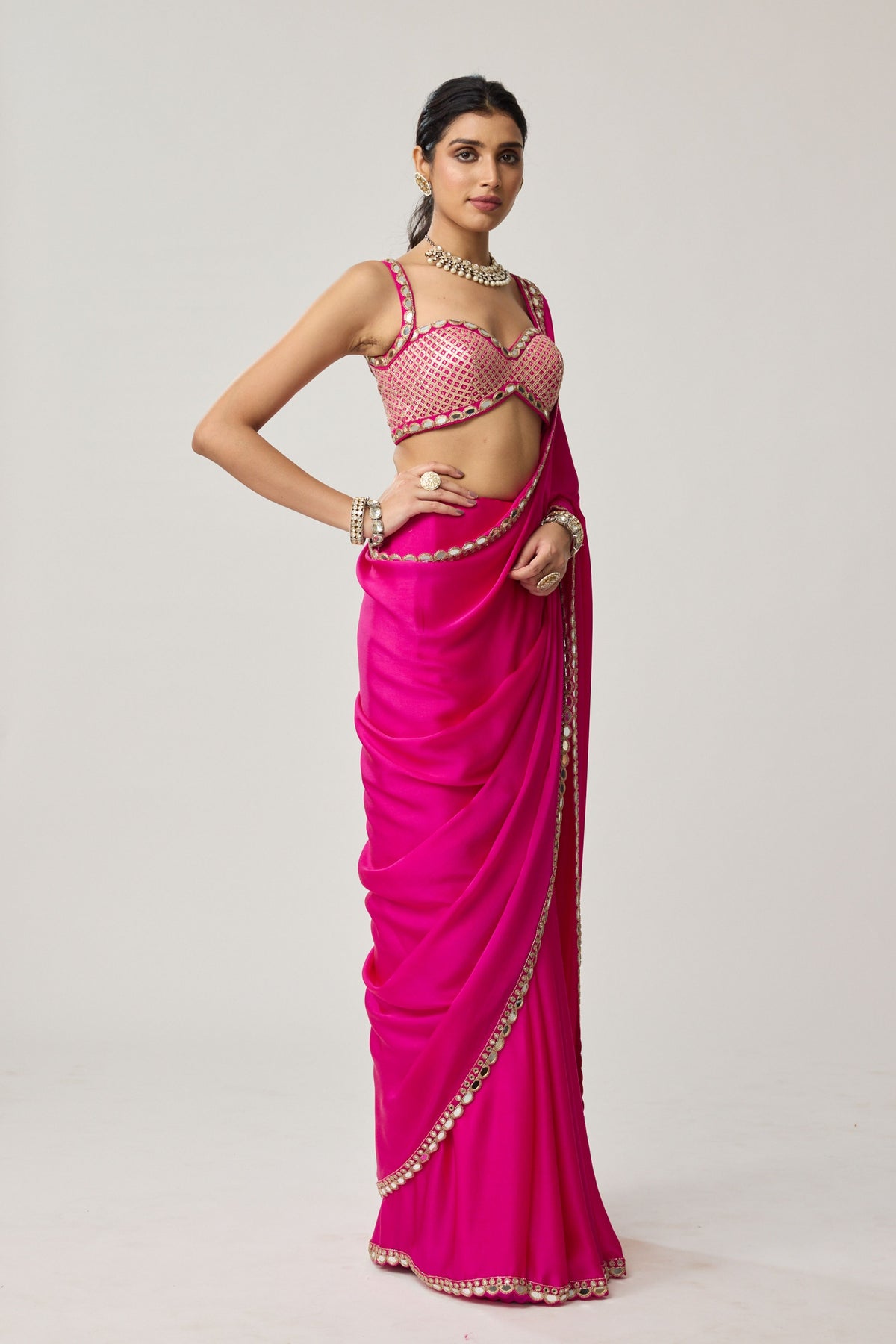 Fuchsia Pink Mirror Saree Set