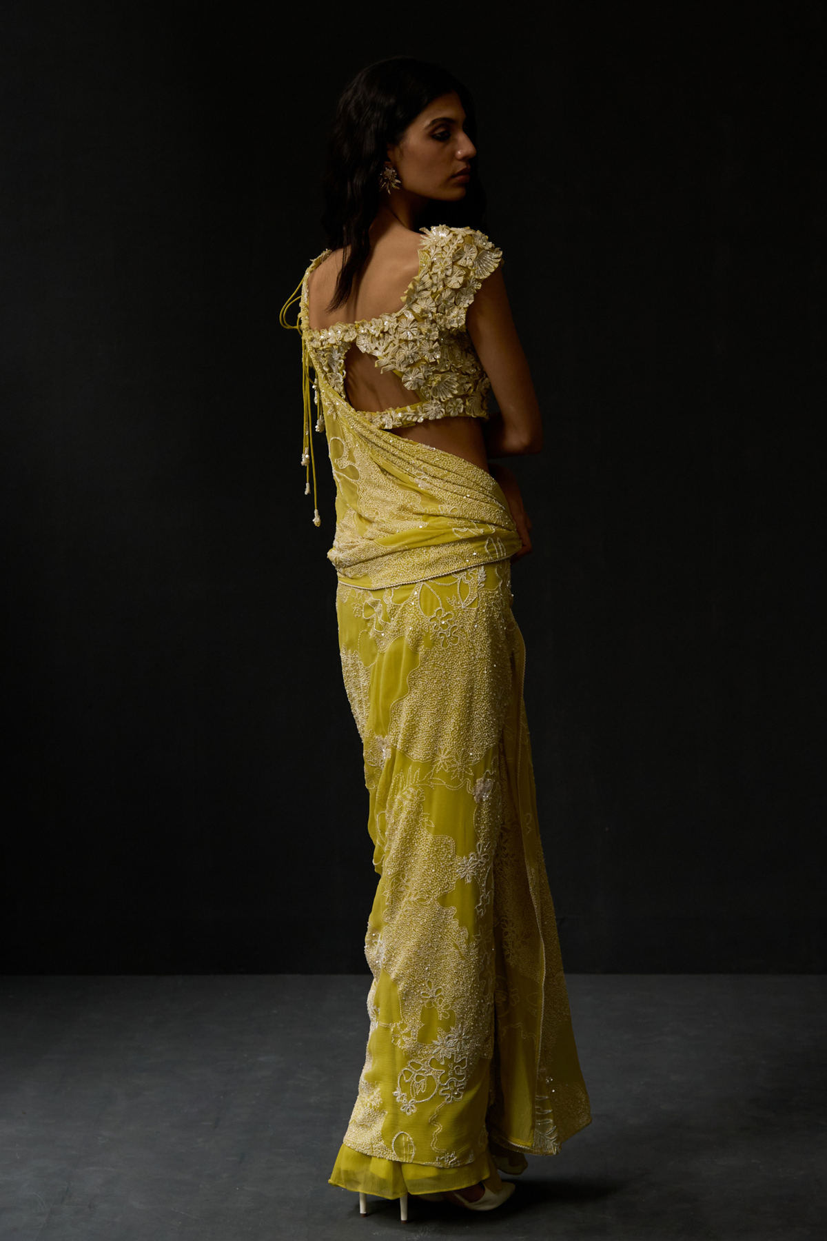 Citrus Dot Botanical Drape Saree