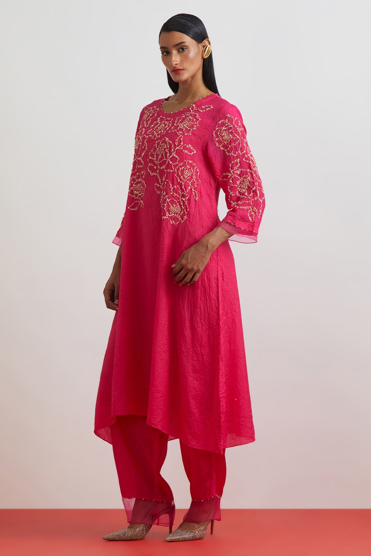 Hot Pink Floral Encrusted Kurta Set