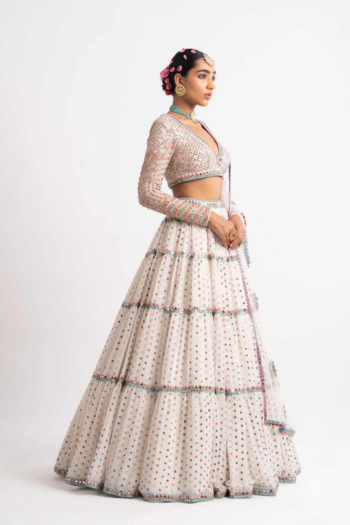 White multi tier lehenga set