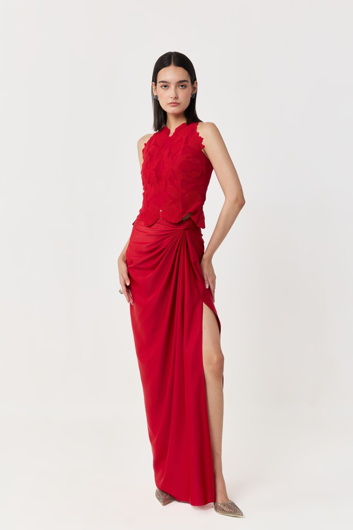 Draped Twist Red Skirt