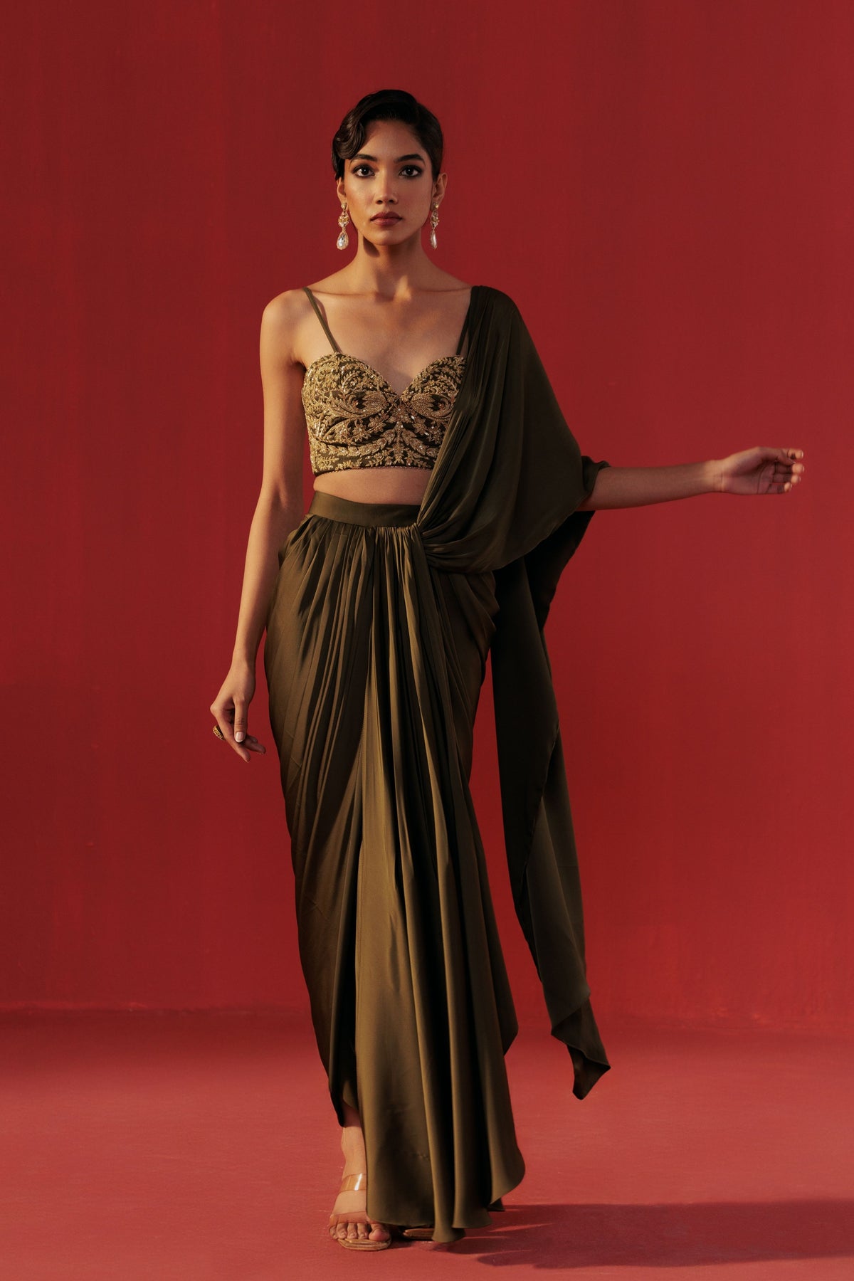 Olive Draped Saree Set